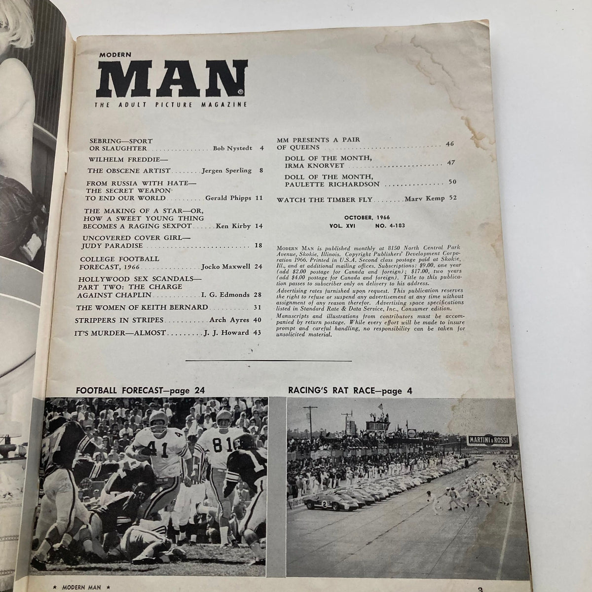 Interior page from VTG Modern Man Magazine October 1966 featuring the contents list, showcasing articles and features including cover girl Julie Paradise, and topics on football and Hollywood scandals.