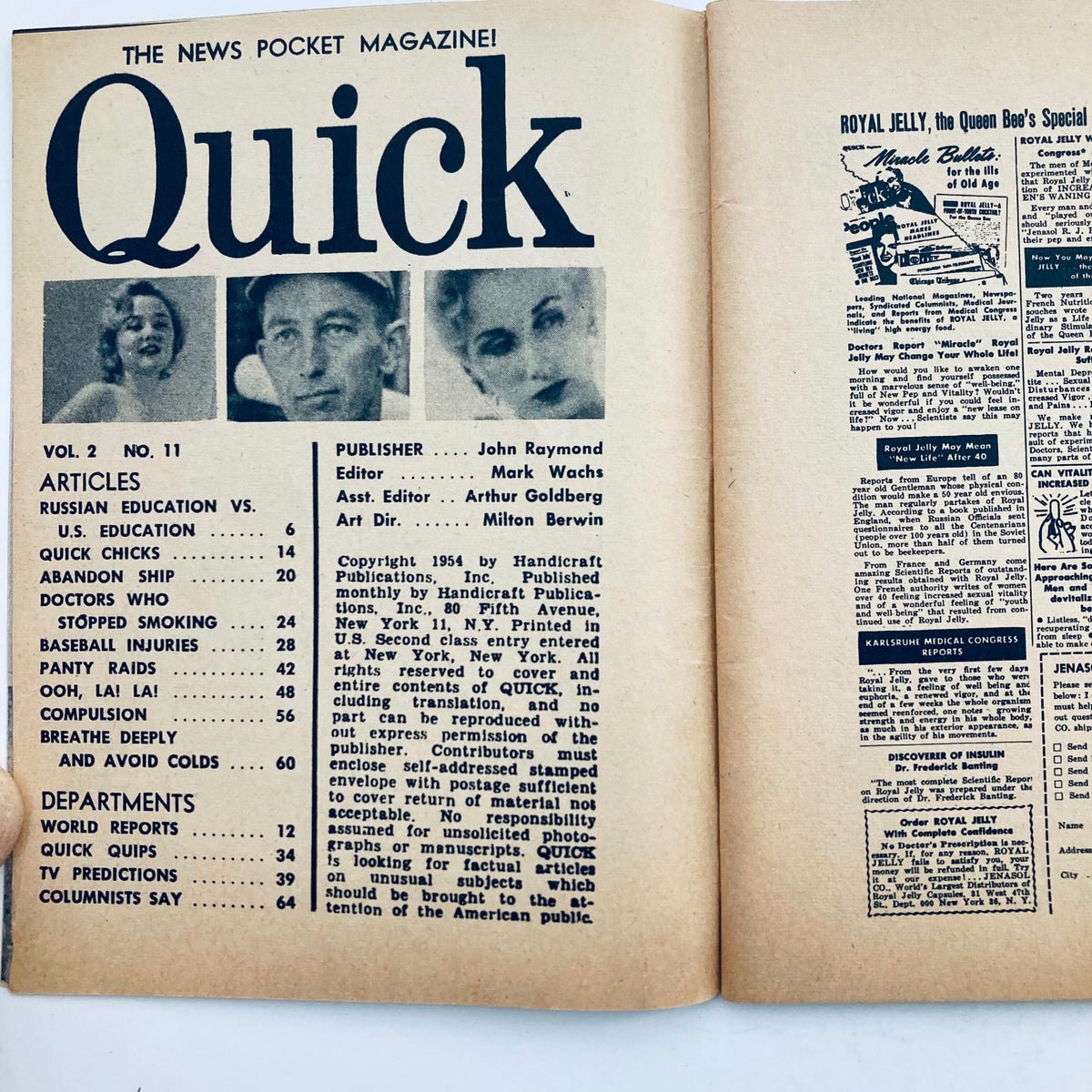 Interior page of VTG Quick Pocket Magazine April 1958 Vol 2 No 11 featuring the table of contents and editorial credits, highlighting articles and contributors.