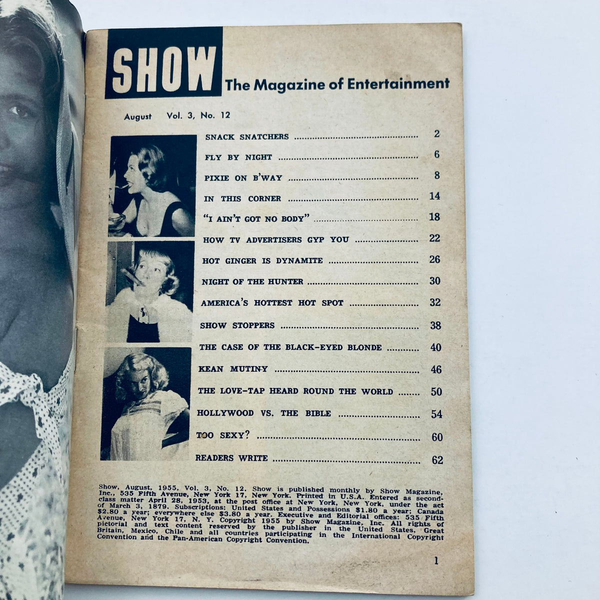 Table of contents from VTG Show Magazine August 1955 Vol 3 No. 12 Zsa Zsa Gabor displaying article titles and page numbers related to entertainment.