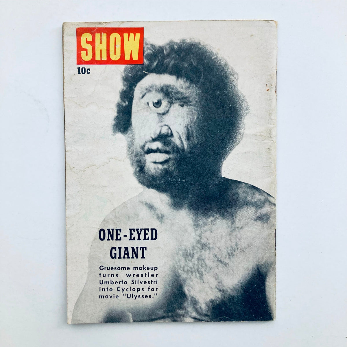 Cover of VTG Show Magazine January 1954 Vol 2 No. 5 depicting a one-eyed giant character, accompanied by the text 'One-Eyed Giant' and details about makeup effects for the movie 'Ulysses'.