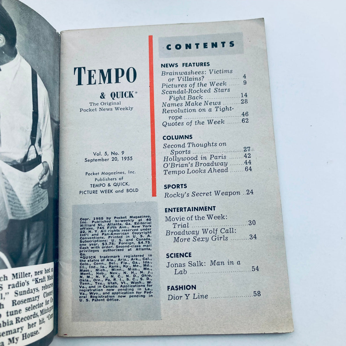 Inside content page of VTG Tempo & Quick Magazine September 20 1955 displaying the table of contents and articles including 'Brainwashes: Victims or Villains?' and entertainment features.