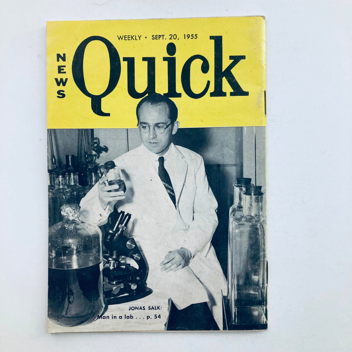 Back cover of VTG Tempo & Quick Magazine September 20 1955 highlighting Jonas Salk in a laboratory setting, emphasizing the scientific themes featured in the magazine.