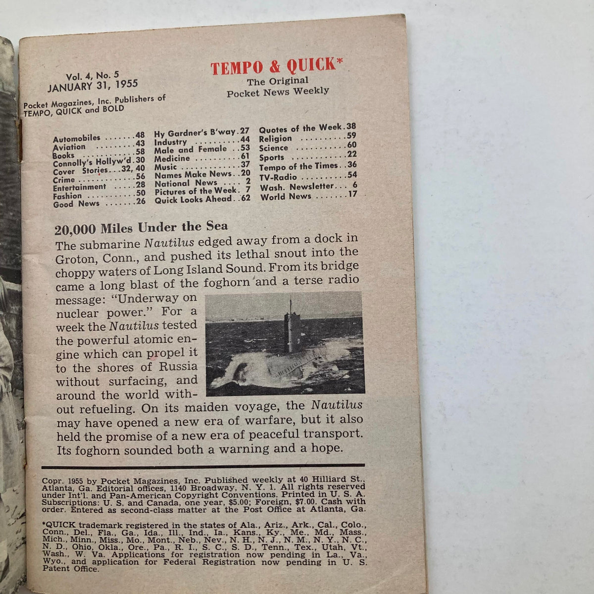 Inside page of VTG Tempo & Quick Magazine January 31 1955 Vol 4 No. 5 displaying table of contents, showcasing articles and highlights from the vintage magazine.