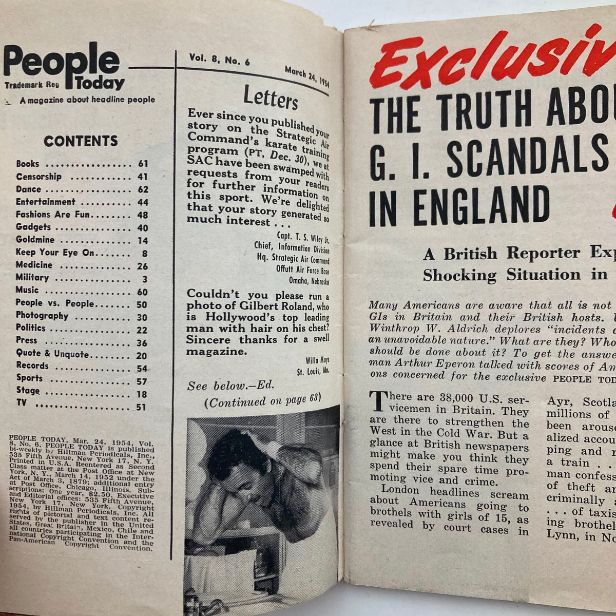 Inside spread of People Today Magazine, March 24, 1954, showcasing contents including letters, articles, and cultural insights from the era.