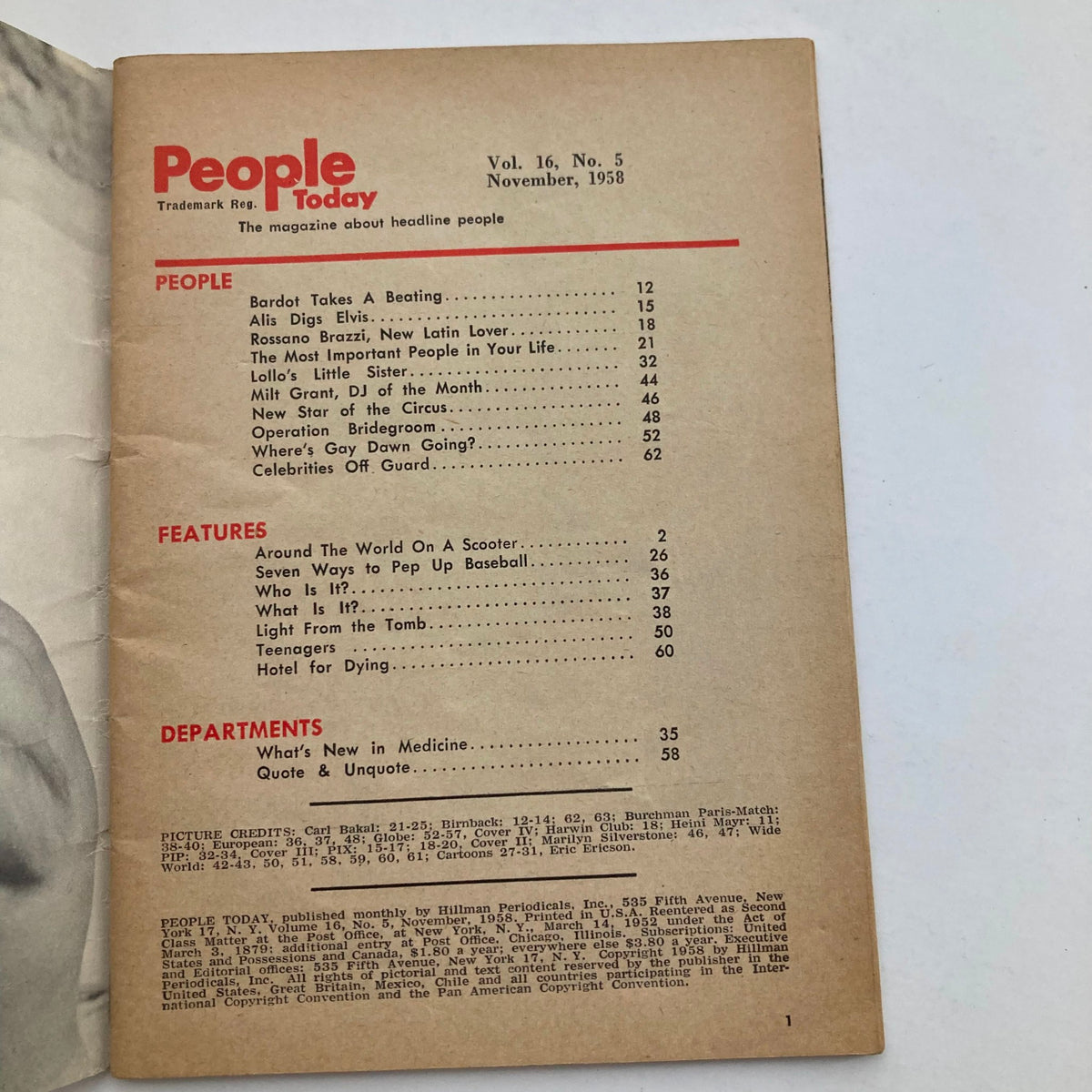 Interior page of VTG People Today Magazine November 1958 featuring the table of contents for Volume 16, Number 5, highlighting topics such as entertainers and articles from the era.