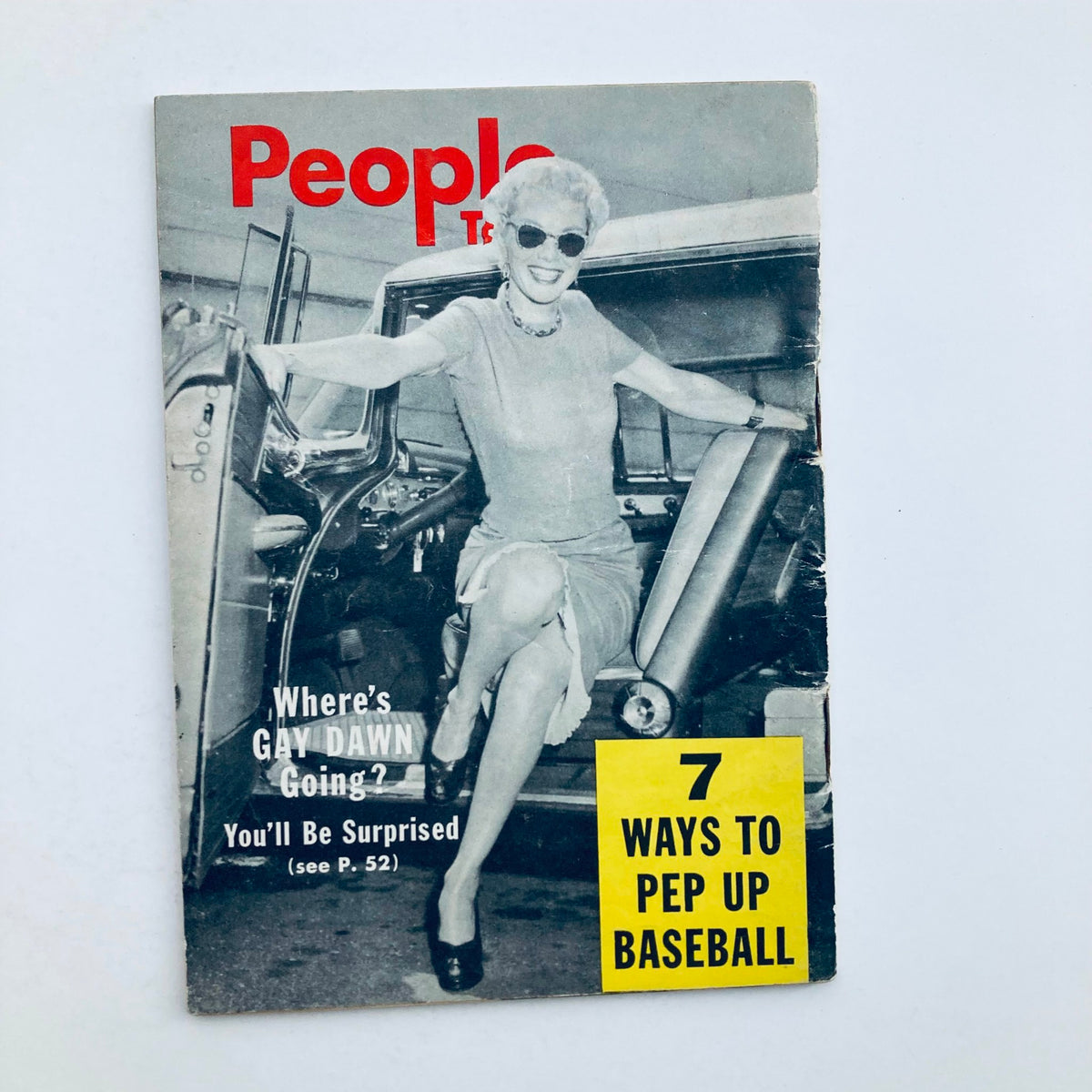 Cover of VTG People Today Magazine November 1958 showcasing a glamorous woman in sunglasses with the headline 'Where's Gay Dawn Going?' and an article about '7 Ways to Pep Up Baseball'.
