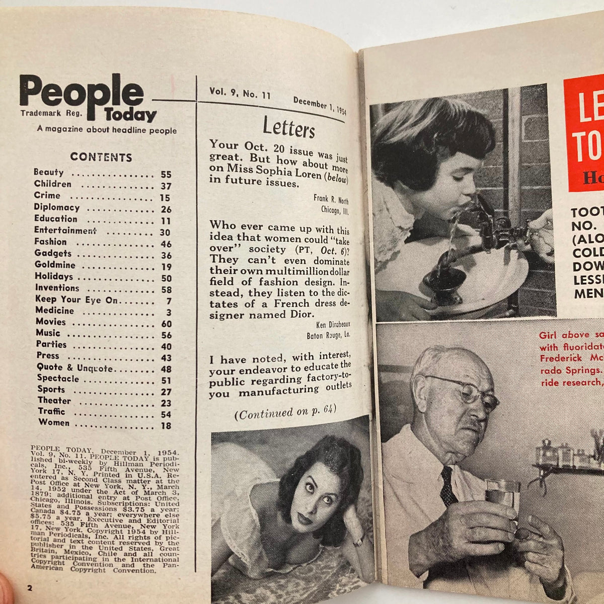 Inside page of VTG People Today Magazine December 1, 1954, Volume 9, Number 11 displaying contents and a photo of a woman, reflecting the cultural context of the 1950s.