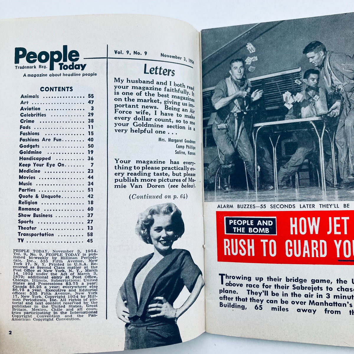 Interior page of VTG People Today Magazine from November 3, 1954, Volume 9, Number 9, displaying the contents section with a vintage article layout.