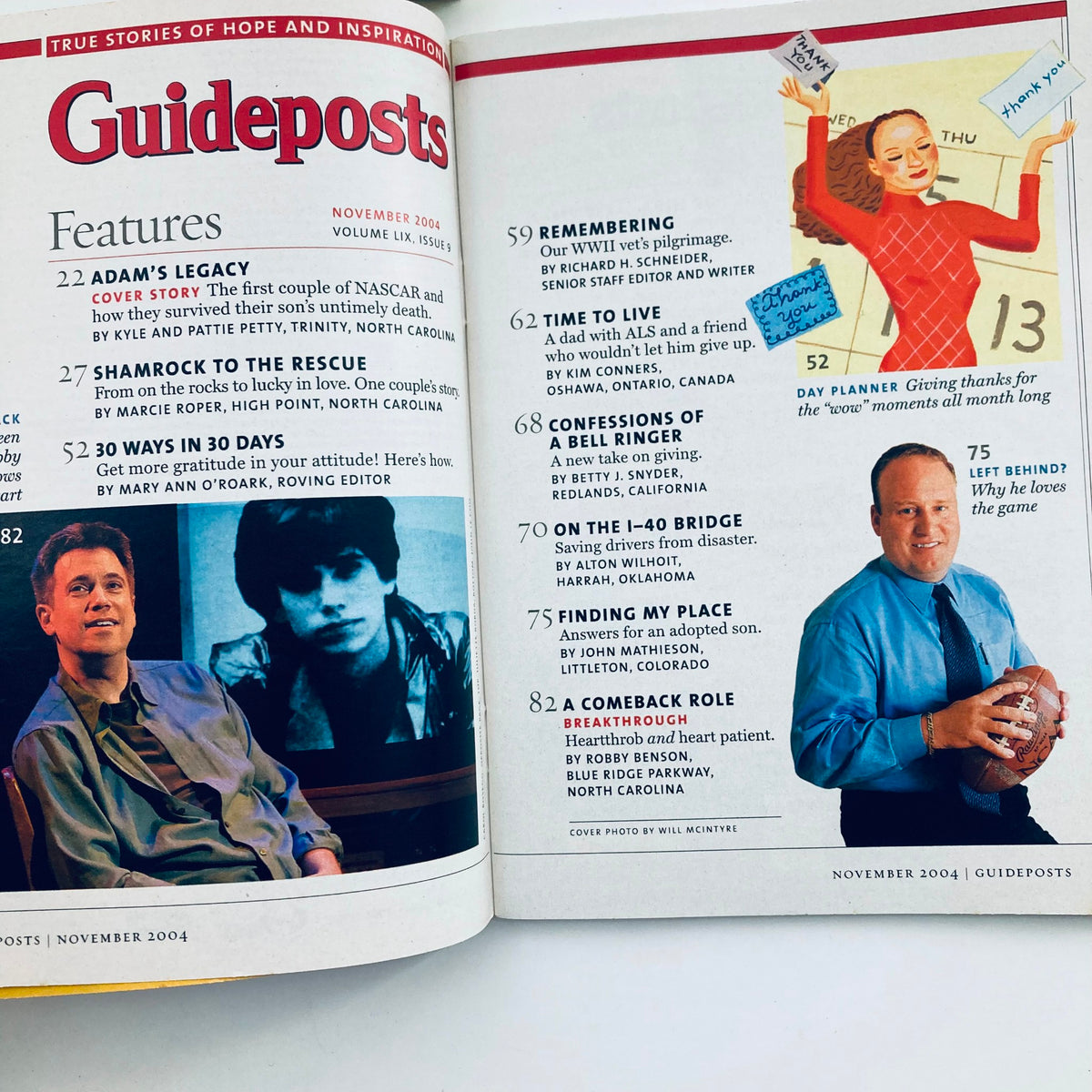 Inside pages of Guideposts Magazine, November 2004, Volume 59, Number 9 showcasing articles and features, including gratitude tips and personal stories.