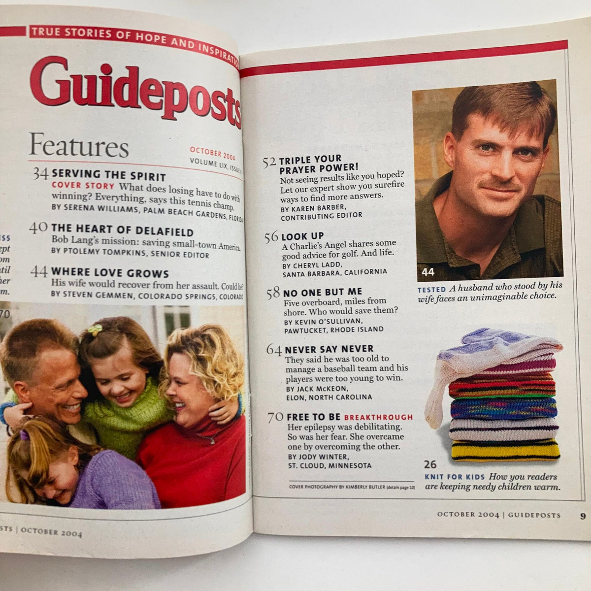 Inside pages of Guideposts Magazine, October 2004, Volume 59, No. 8 displaying features including advice columns and personal stories, emphasizing the magazine's focus on inspirational content.
