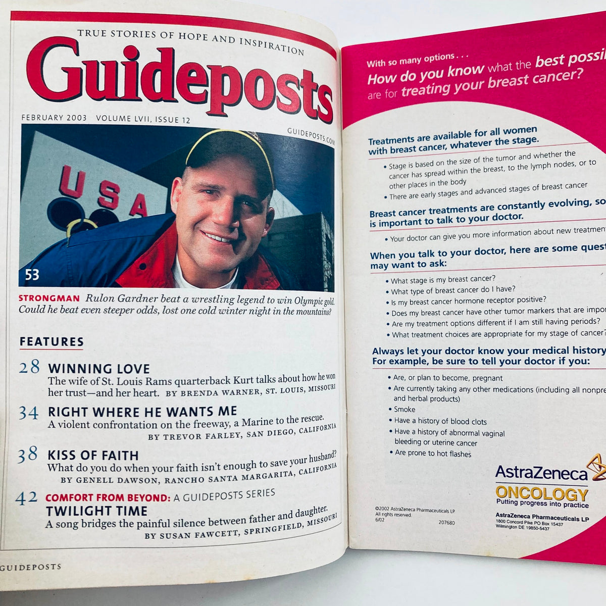 Inside page of Guideposts Magazine February 2003, Vol 57 No 12 showcasing an article about Brenda Warner, her husband Kurt, and inspirational stories of hope.
