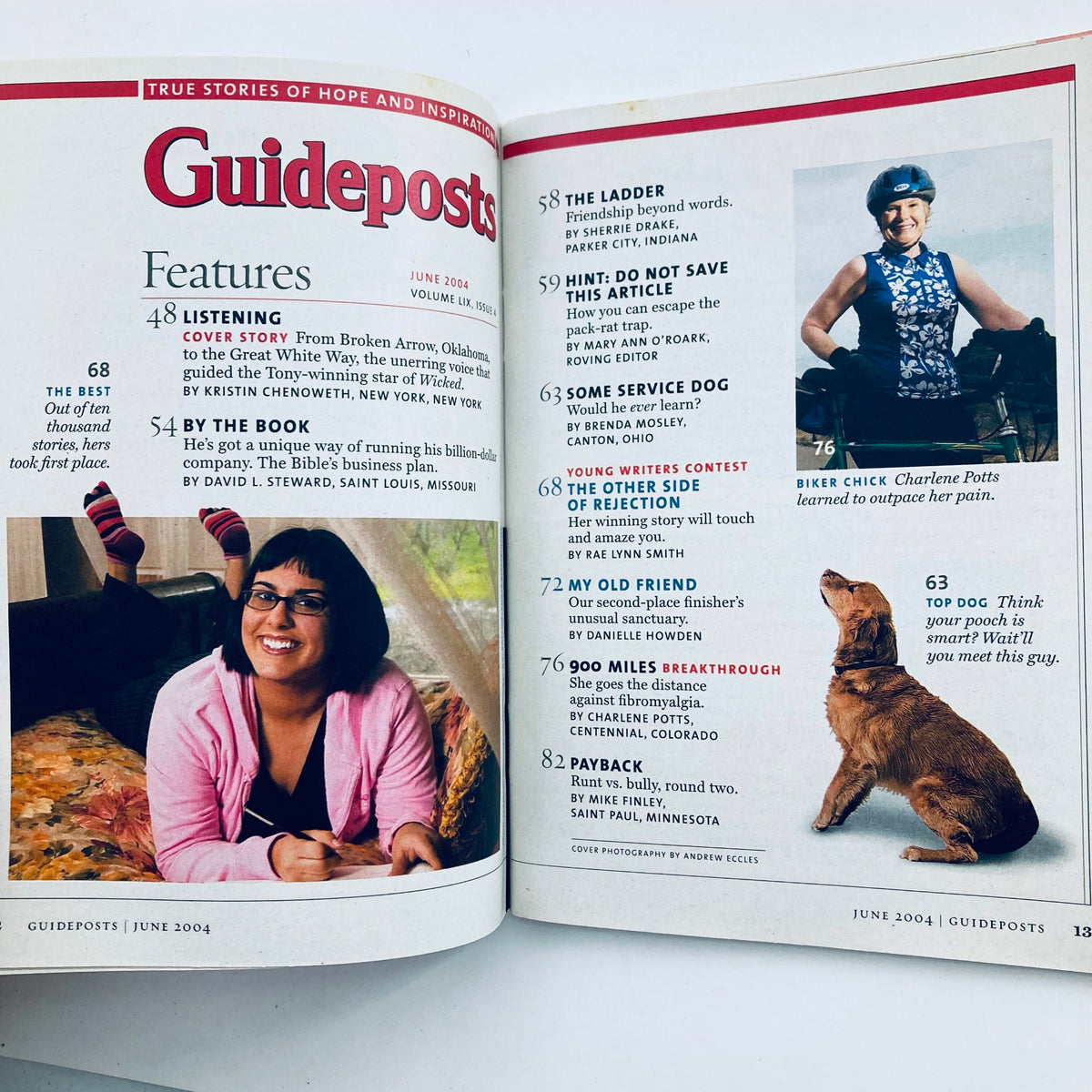 Inside pages of Guideposts Magazine, June 2004, Volume 59, featuring articles on overcoming pain, personal stories, and insights, including contributions from Kristin Chenoweth and community-focused features.