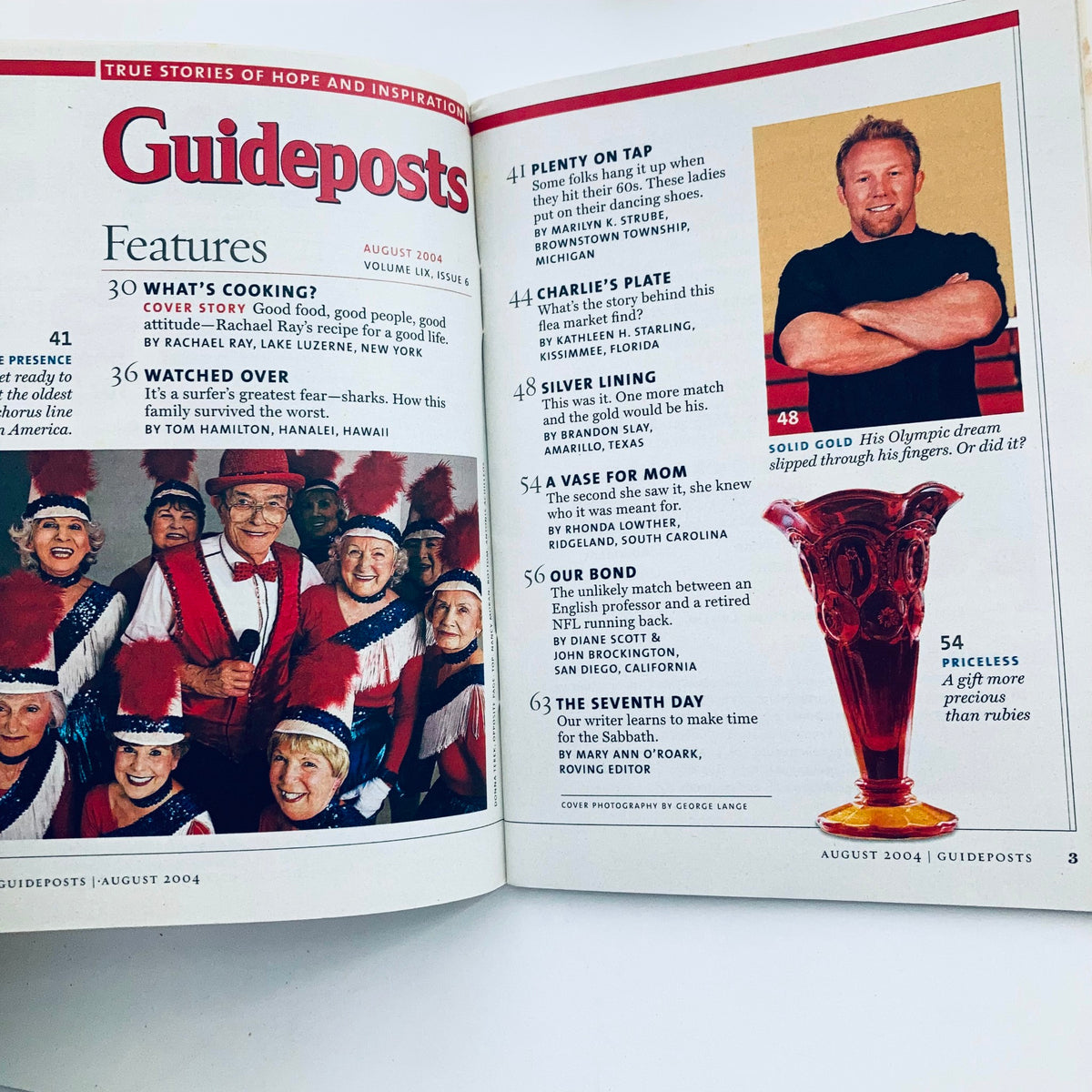 Inside pages of Guideposts Magazine August 2004 showcasing features including 'What's Cooking?' and a section on featured stories, with contributors Tom Hamilton and Hanalei Hawari.