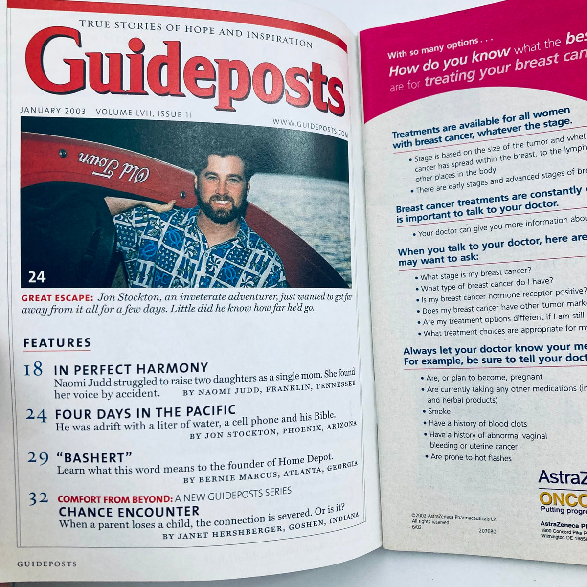 Inside page of Guideposts Magazine January 2003 Vol 57 No. 11 showcasing an article by Naomi Judd titled 'Great Escape' alongside vibrant imagery and magazine design.