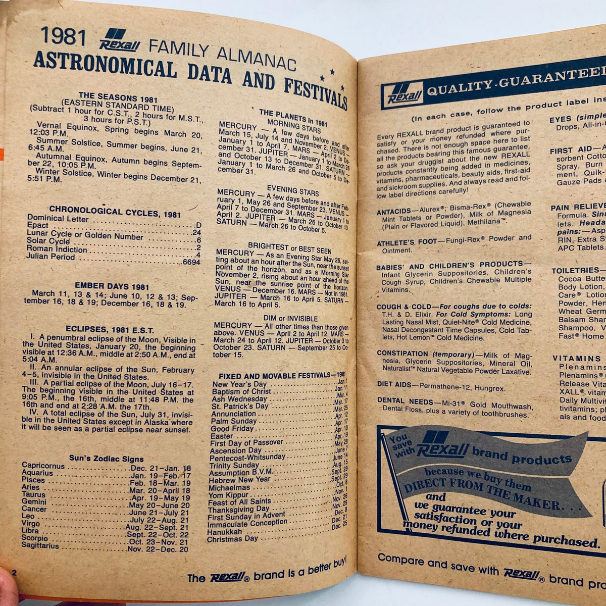 Second page of the VTG Rexall Family Almanac 1981 showcasing detailed astronomical data and festivals.