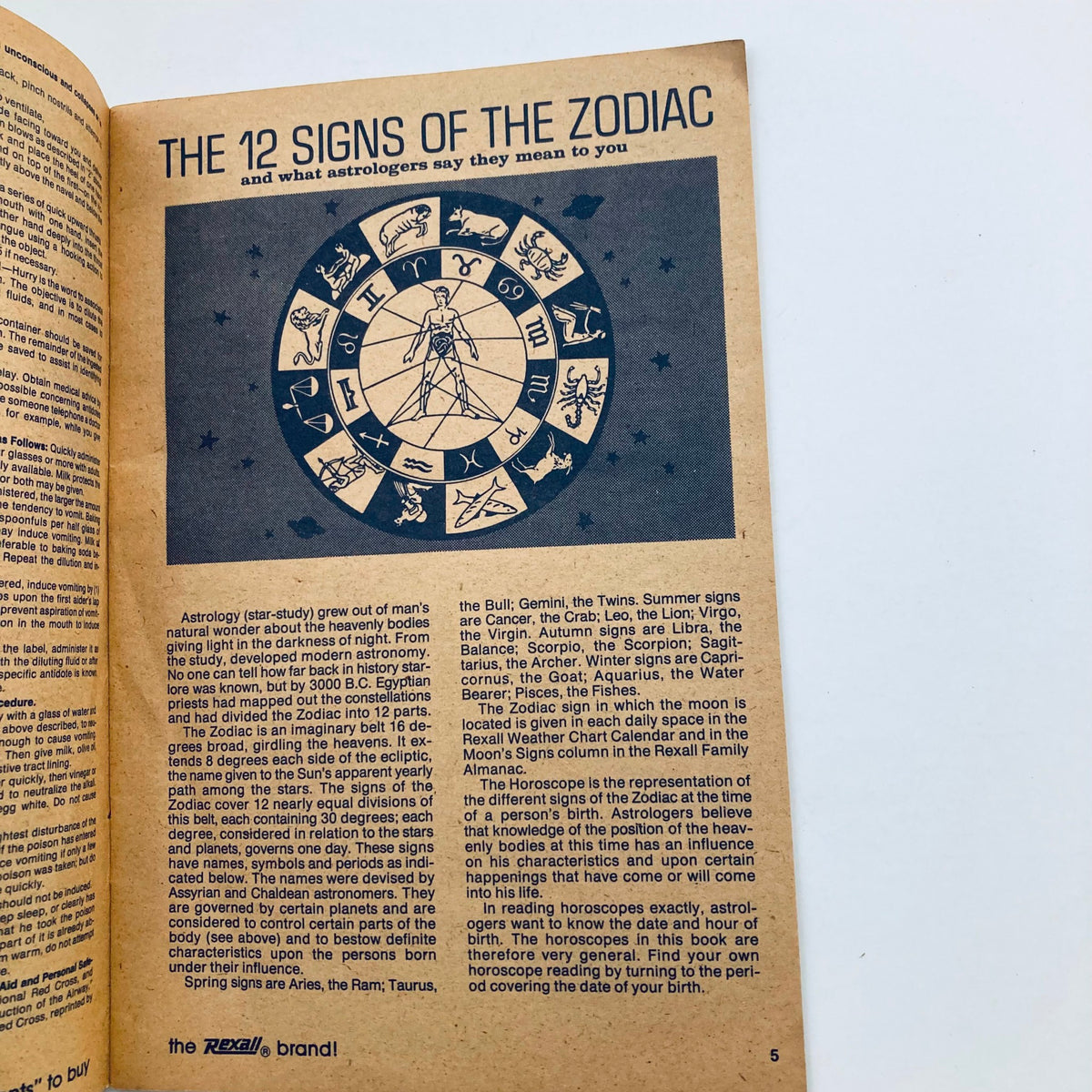 Page from the VTG Rexall Family Almanac 1981 illustrating the 12 signs of the zodiac and their meanings.