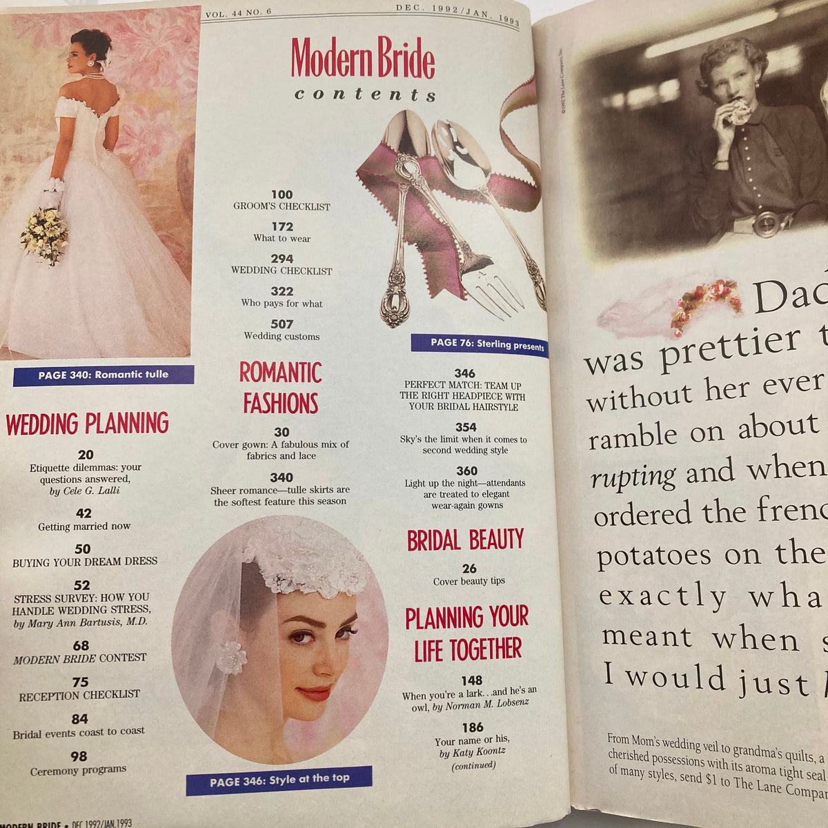 Interior view of Modern Bride Magazine December 1992 showing the contents page with sections on wedding planning, romantic fashions, bridal beauty tips, and an article on planning life together. The layout includes elegant images and design reflective of early 90s wedding trends.