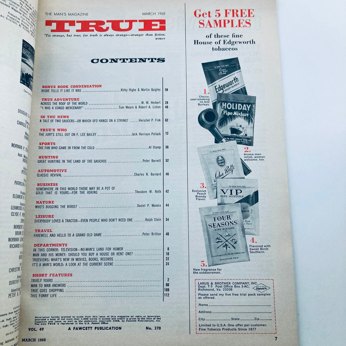 TRUE The Man's Magazine March 1968 Vol 49 No. 370 contents page featuring articles such as 'Across the Roof of the World' and various topics including adventure, sports, and culture.