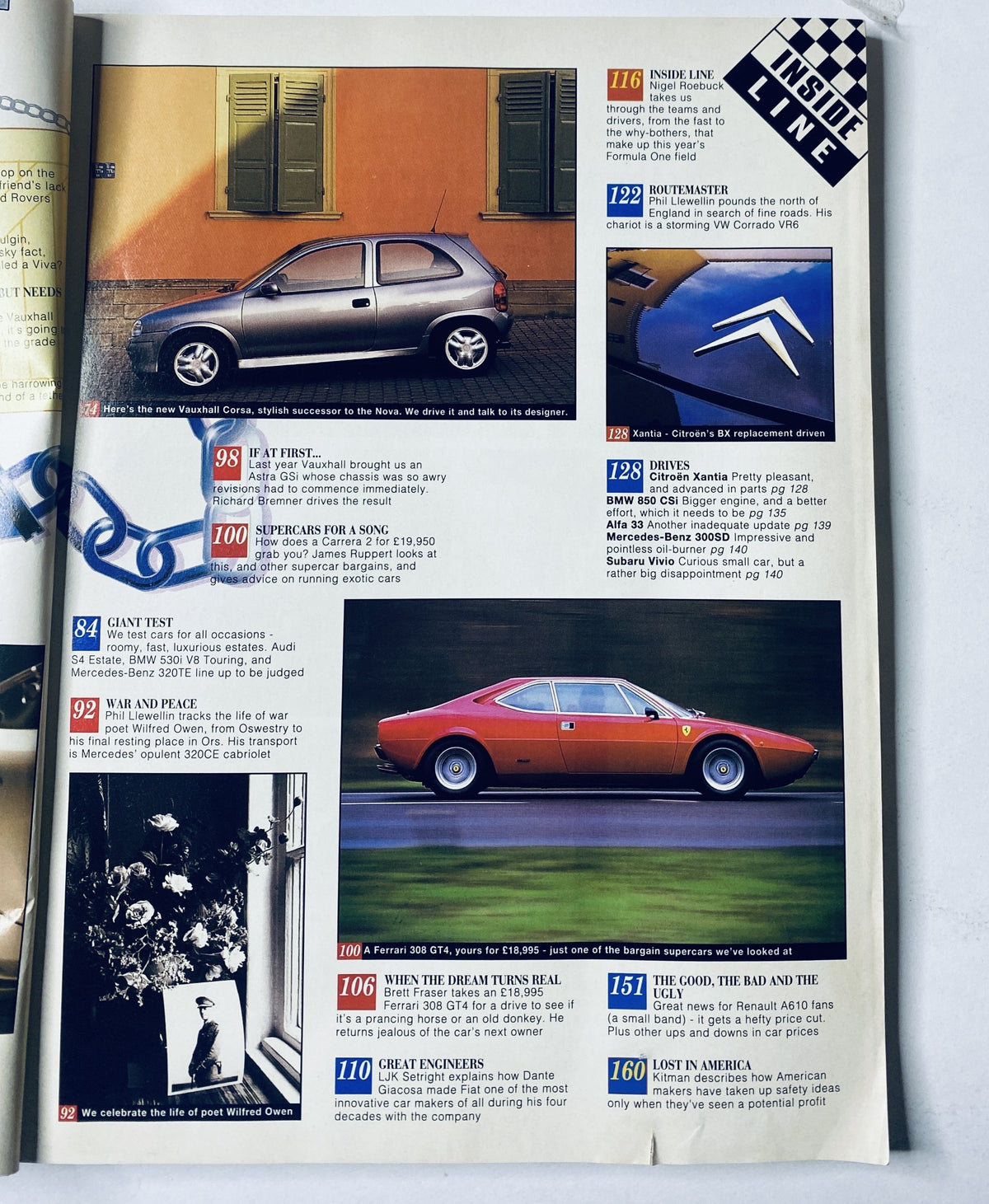 Car Magazine April 1993 showcasing a feature on the Vauxhall Corsa, the 'Giant Test' including Audi S4 Estate, BMW 530i V8 Touring, and Mercedes-Benz models.