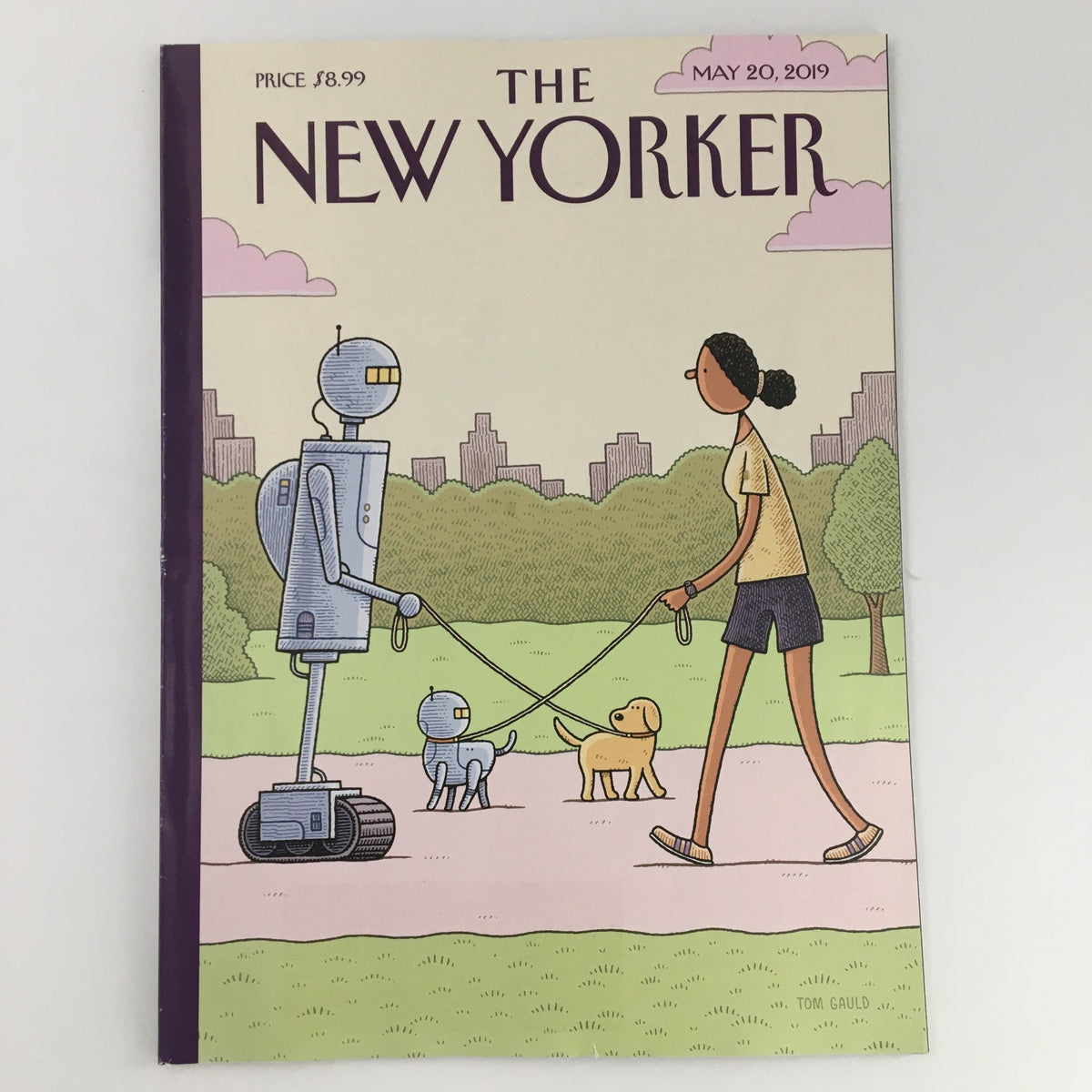 The New Yorker May 20 2019 Full Magazine Theme Cover by Tom Gauld, showcasing a whimsical illustration of a robot walking a dog alongside a woman in a park setting, embodying the magazine's blend of humor and contemporary themes.