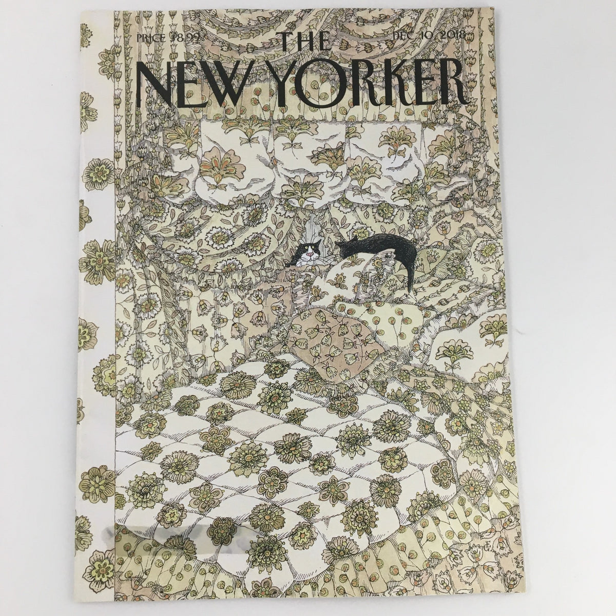 The New Yorker December 10 2018 Full Magazine featuring a whimsical cover illustration by Edward Gorey, showcasing intricate floral patterns and a cat in a peaceful setting.