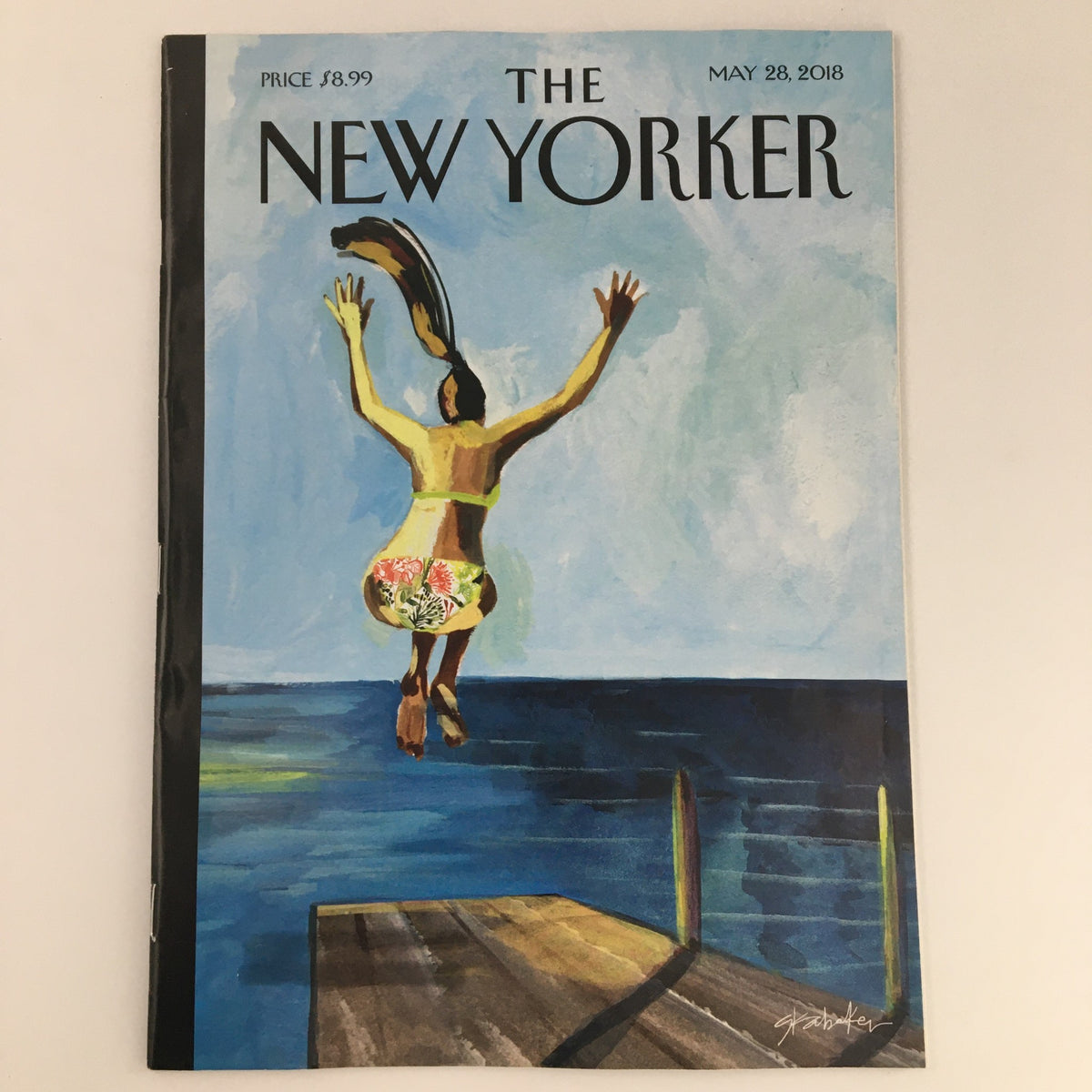 Cover of The New Yorker May 28 2018 magazine illustrated by Gayle Kabaker, featuring a vibrant image of a woman jumping into water, showcasing the magazine's artistic style and contemporary themes.
