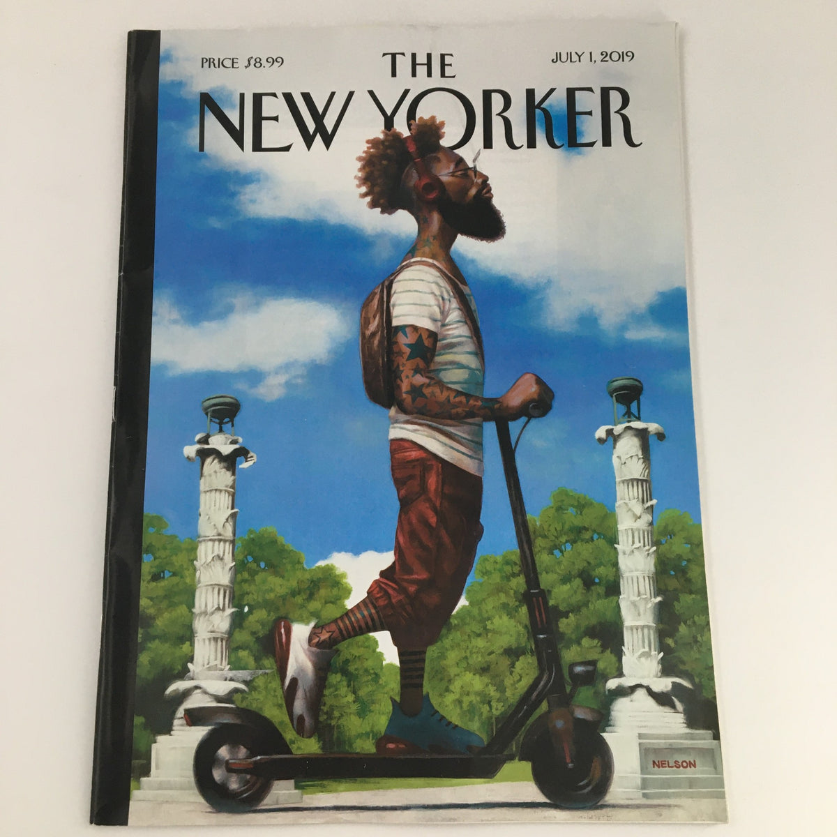 The New Yorker July 1 2019 Full Magazine Cover featuring a man on a scooter, illustrated by Kadir Nelson, showcasing vibrant colors and urban landscape elements.