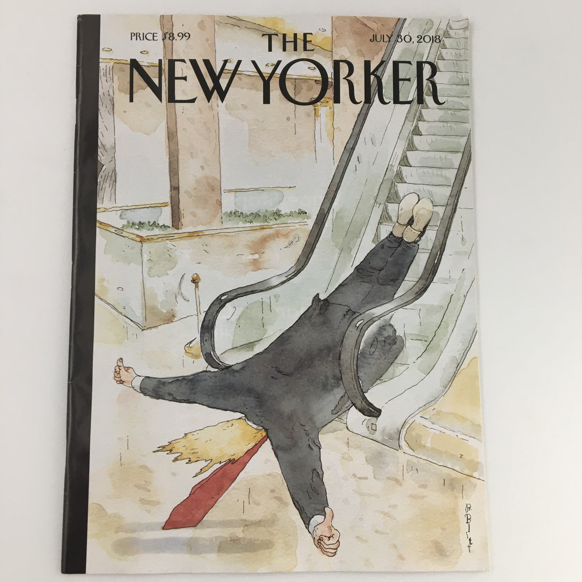 The New Yorker July 30 2018 Full Magazine Cover by Barry Blitt depicting a humorous illustration with a businessman sliding down an escalator. This cover captures contemporary themes and artistic excellence.