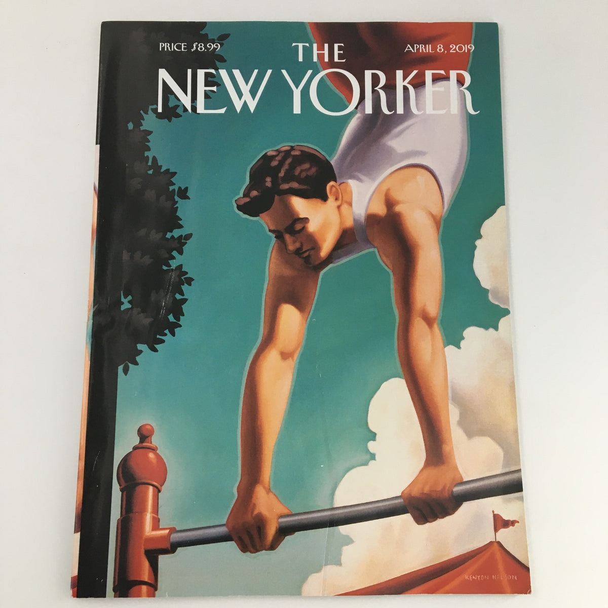 The New Yorker April 8 2019 Full Magazine Cover featuring artwork by Kenton Nelson, showcasing an athletic figure on parallel bars against a vibrant blue sky.