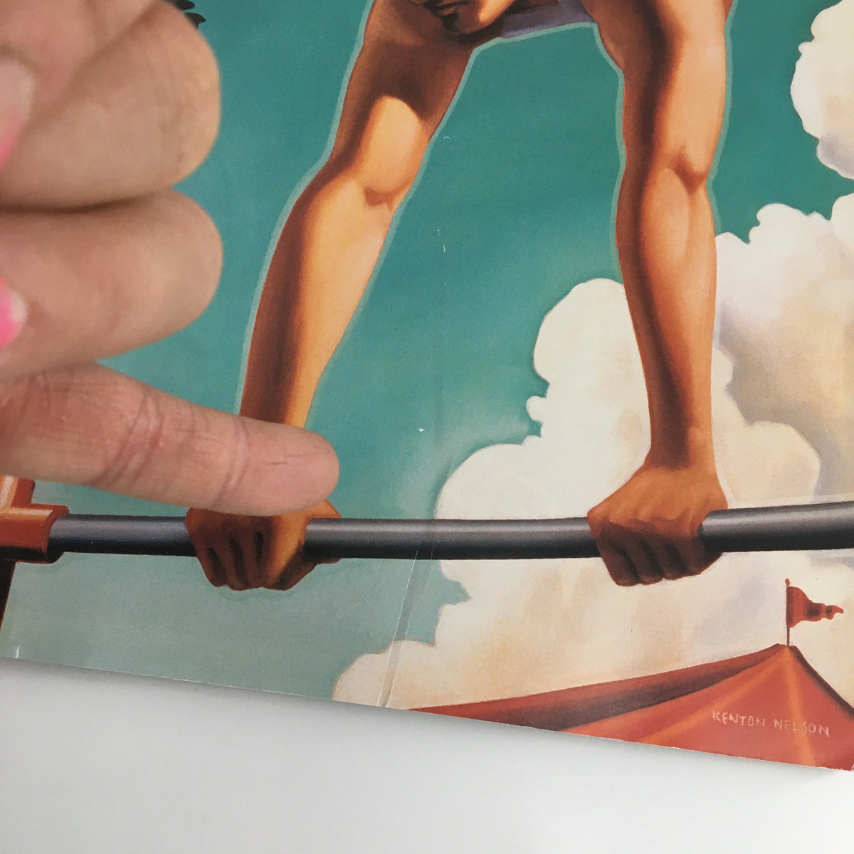 Cover detail of The New Yorker April 8 2019 by Kenton Nelson, showcasing a vibrant illustration featuring a figure on a tightrope against a dramatic sky.