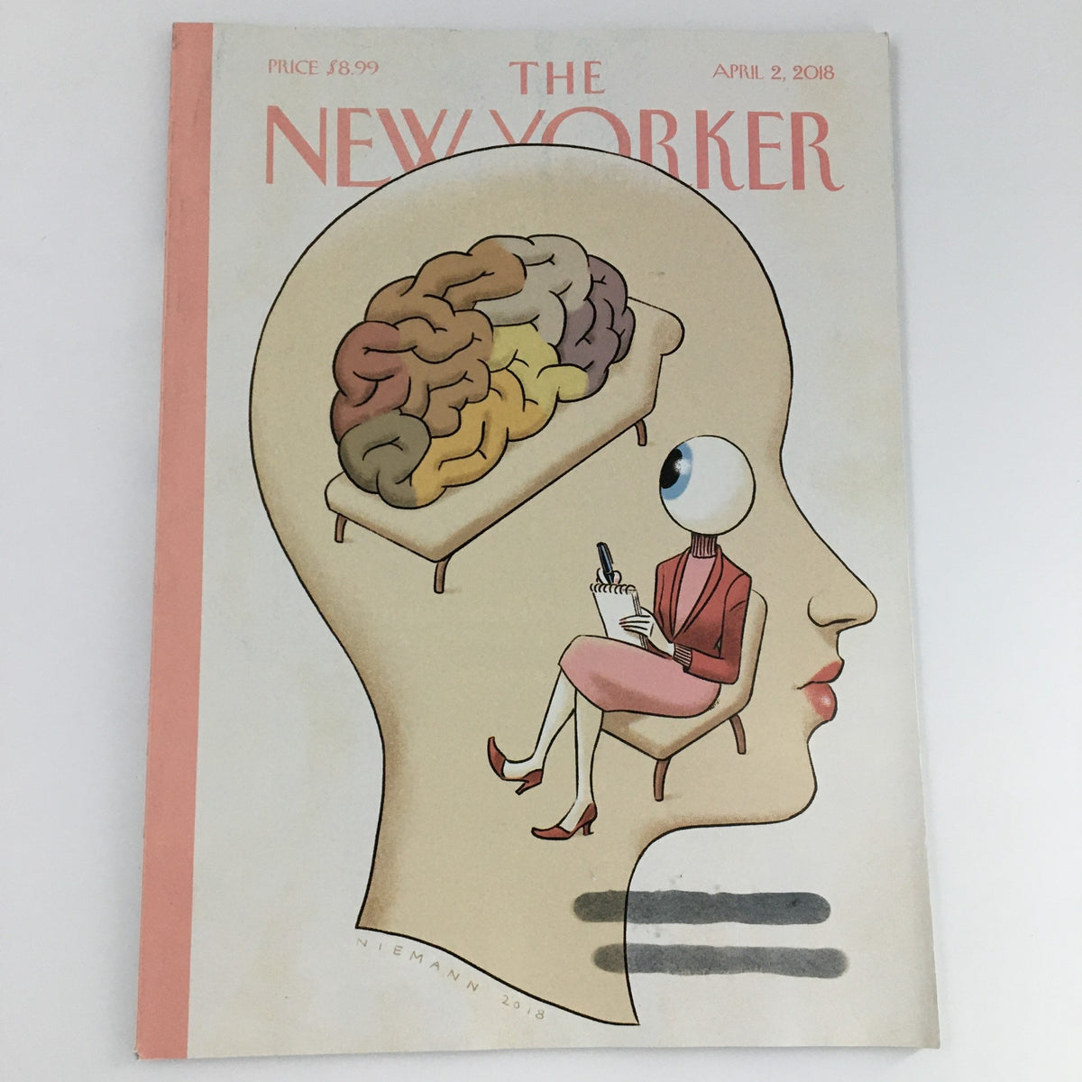 The New Yorker April 2 2018 Full Magazine Cover featuring a thought-provoking illustration by Christoph Niemann, depicting a surreal scene with a large head and a figure writing in a notebook.