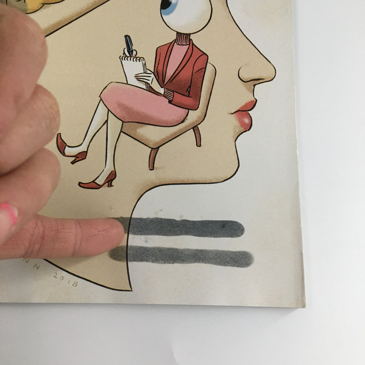 Close-up image of The New Yorker April 2 2018 Cover, showcasing an intricate detail of Christoph Niemann's illustration, with a focus on a figure seated and the magazine's signature design elements.