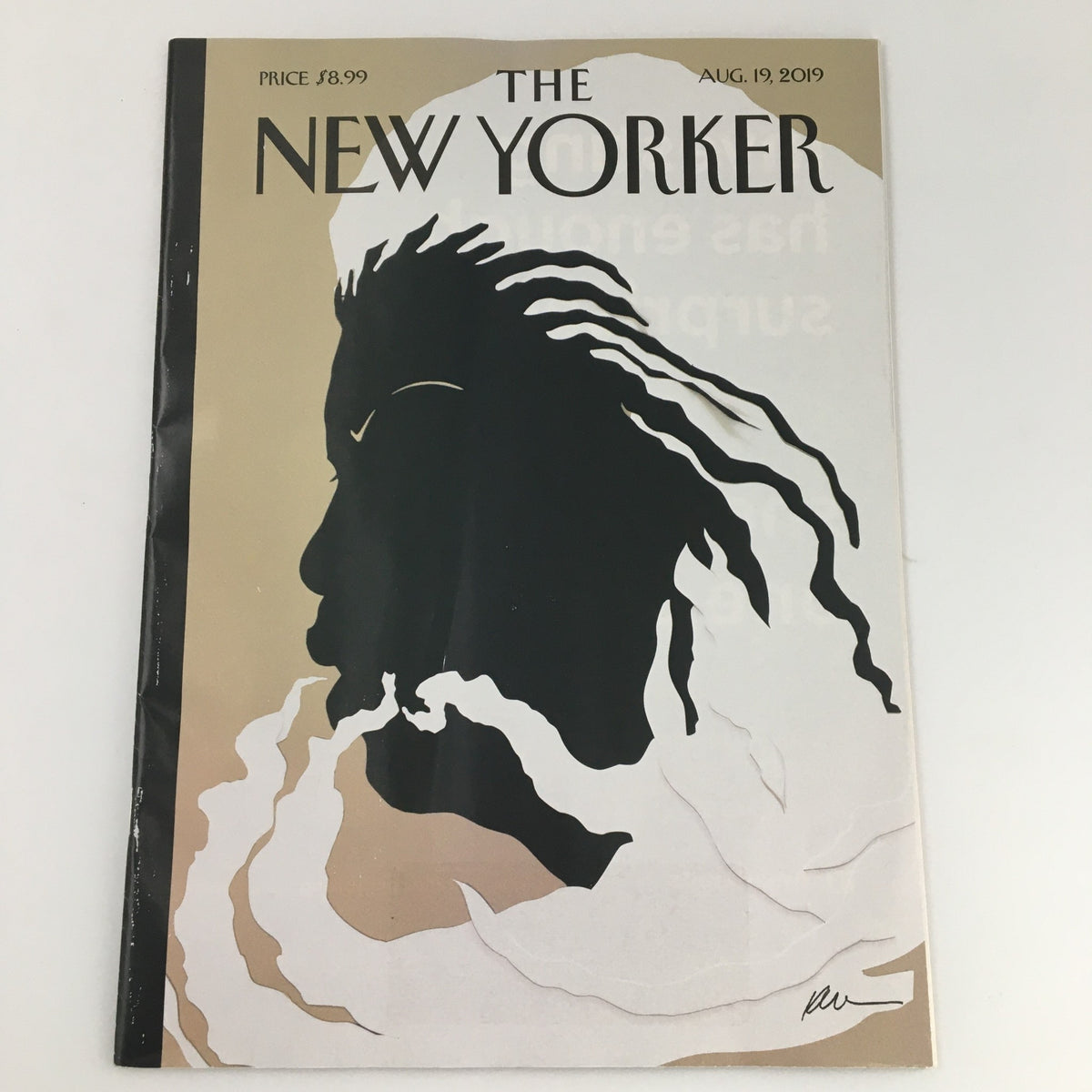The New Yorker August 19 2019 Full Magazine Theme Cover artwork by Kara Walker featuring a silhouette design in black and beige tones, capturing themes of art and identity.