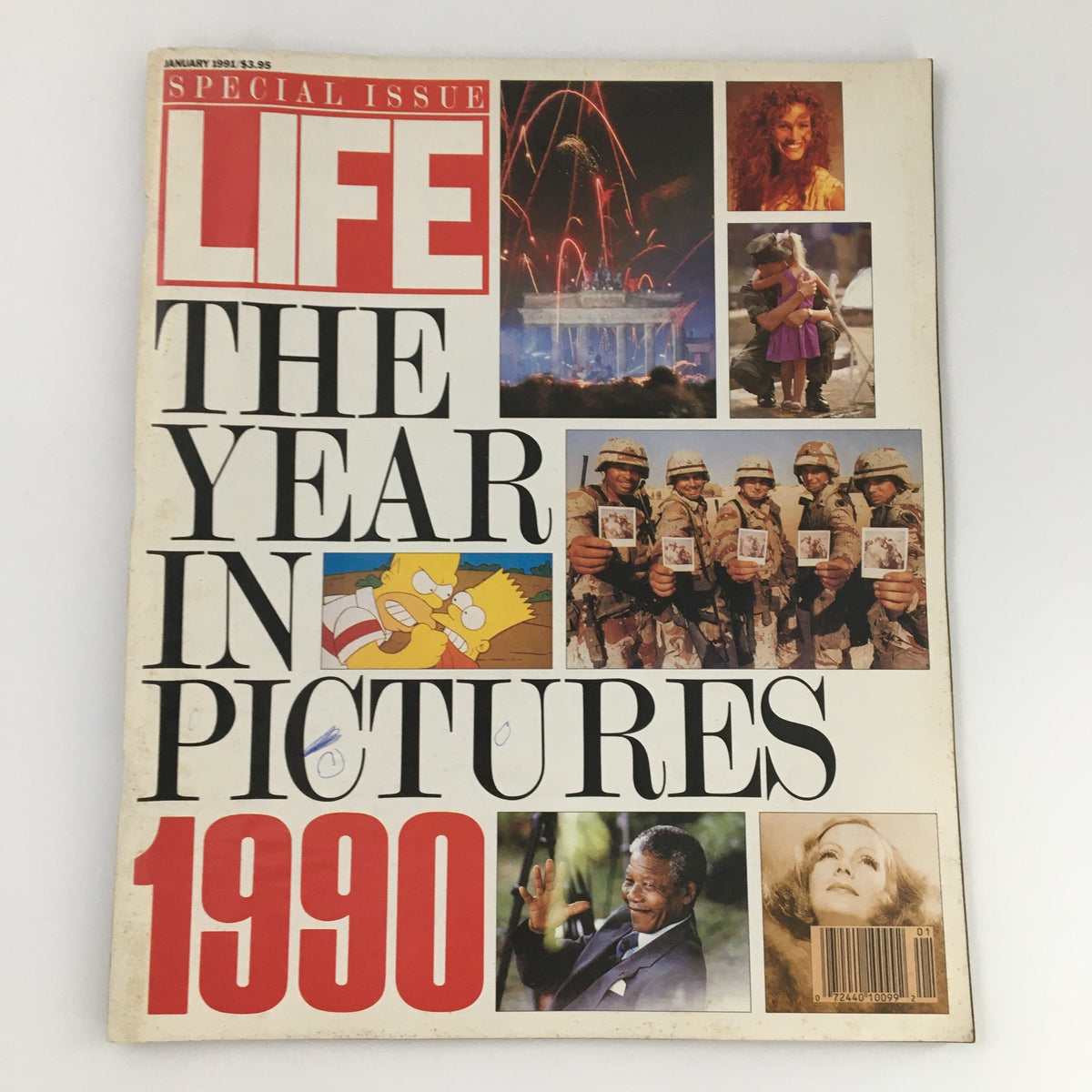 Cover of Life Magazine January 1991 titled 'The Year in Pictures of The Year 1991'. The cover features iconic images from 1990, including a military group, fireworks, and cultural moments, showcasing powerful visual storytelling.