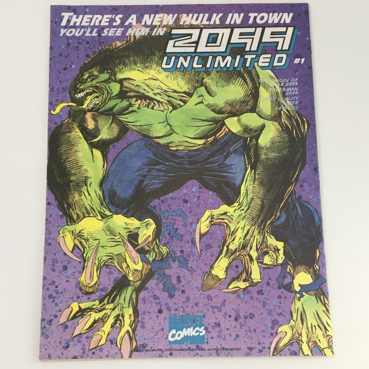 Cover of 1993 Marvel Comics The Origin of Hulk & Spider-Man 2099 Unlimited #1, showcasing a fierce new Hulk character on a vibrant purple background, highlighting its collectibility for comic book fans.