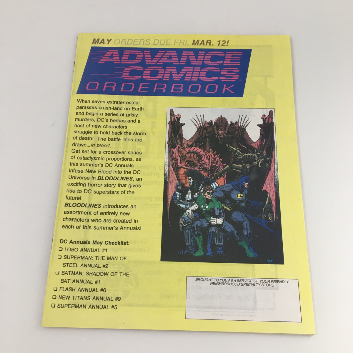 Back cover of 1993 Marvel Comics The Origin of Hulk & Spider-Man 2099 Unlimited #1 featuring the Advance Comics Orderbook, promoting upcoming DC Comics titles and an illustration of prominent superheroes.