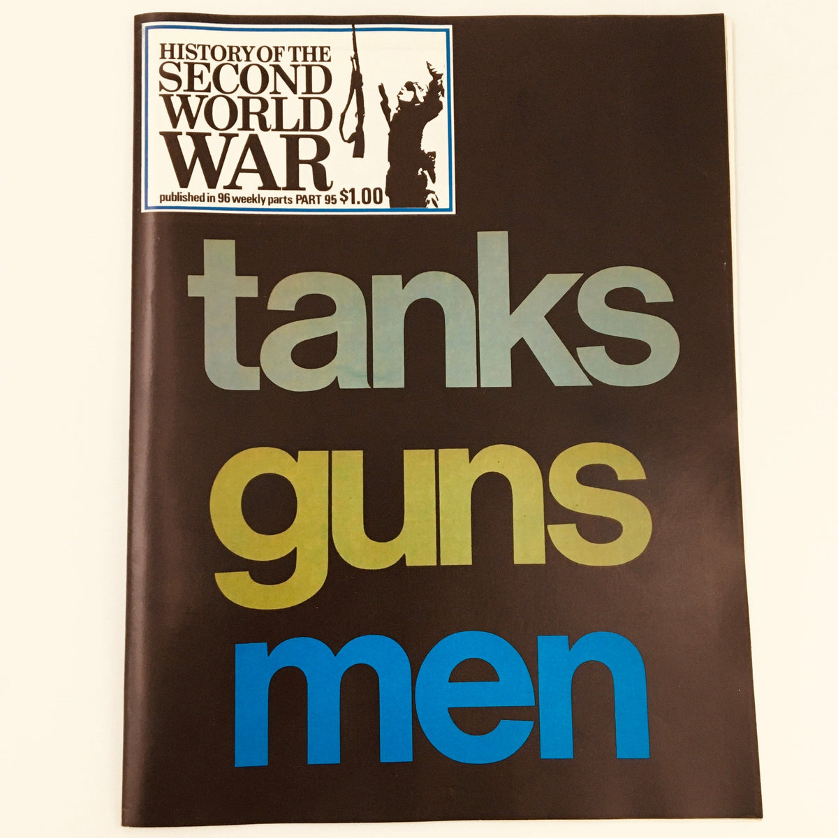 Cover of VTG History of the Second World War Part 95 featuring the bold text 'tanks guns men' against a dark background, showcasing a newsstand edition from 1975.