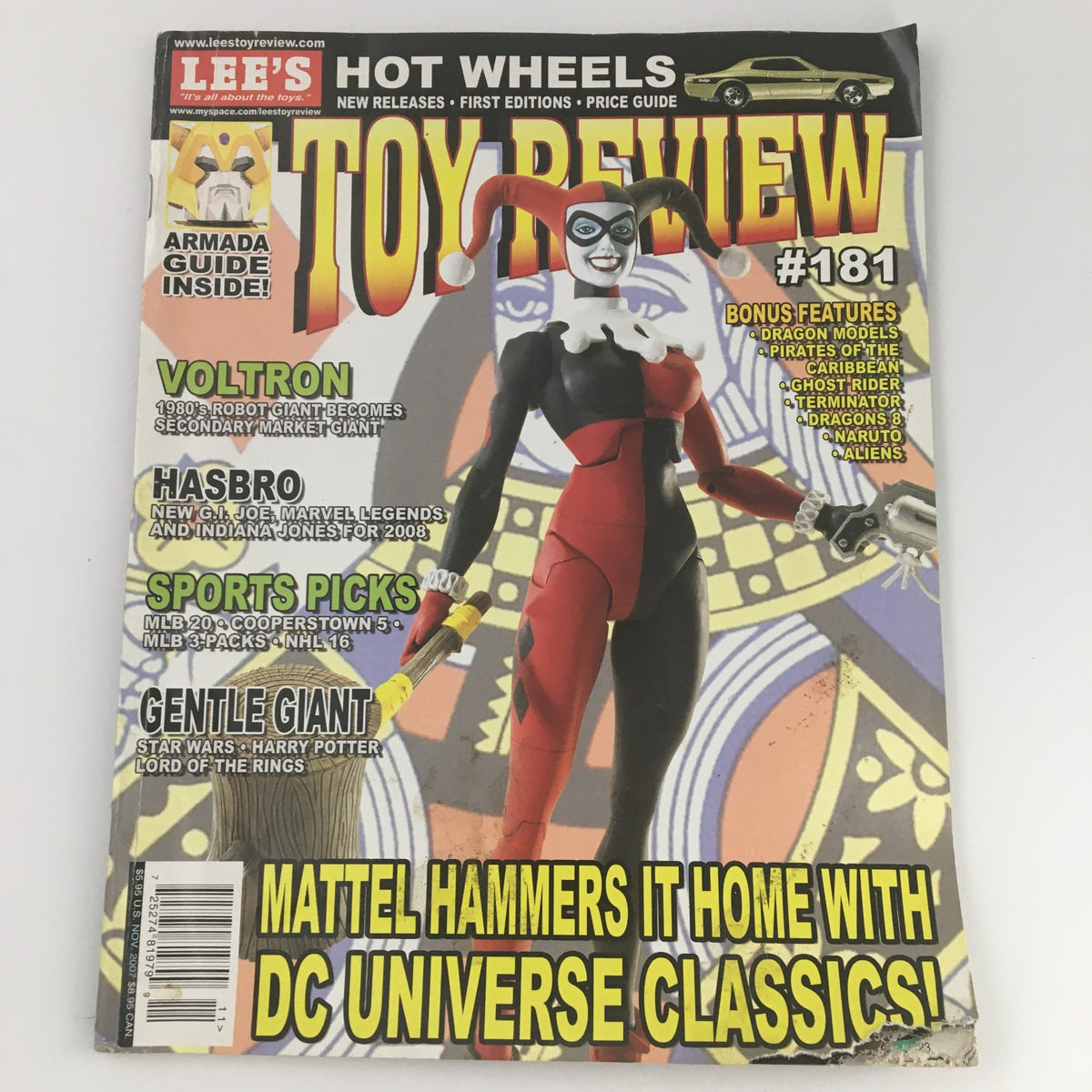 Cover of Lee's Toy Review Magazine November 2007 #181 featuring DC Classic Harley Quinn, showcasing toy collectibles and pop culture themes.