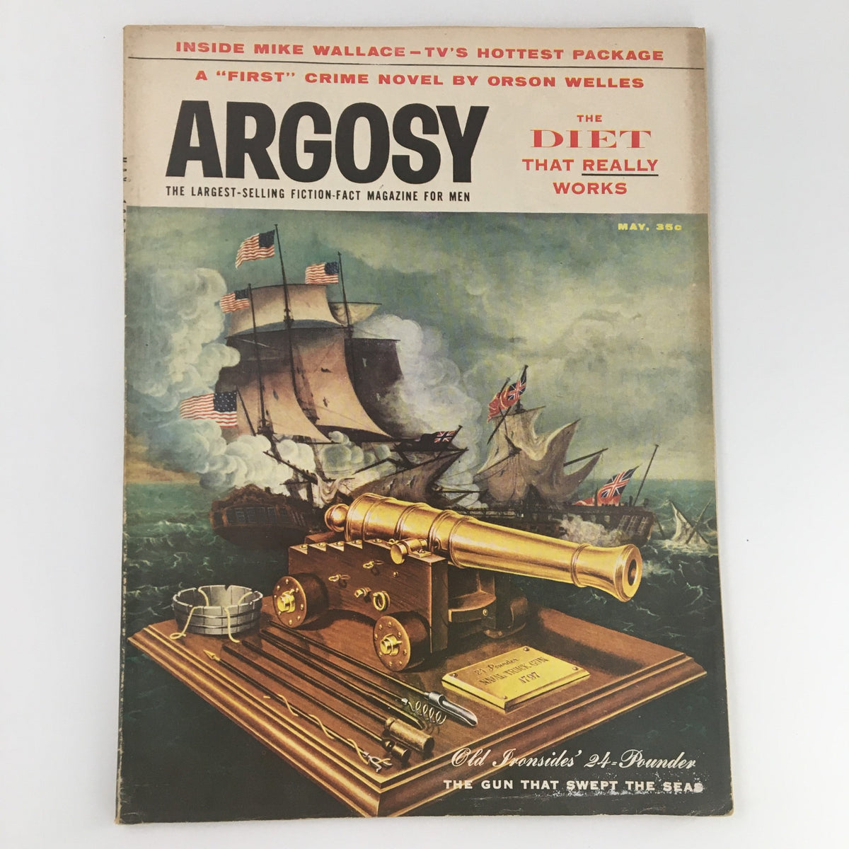 VTG Argosy Magazine May 1957 featuring 'The Gun That Swept The Seas' with a naval illustration on the cover showcasing ships and a cannon.