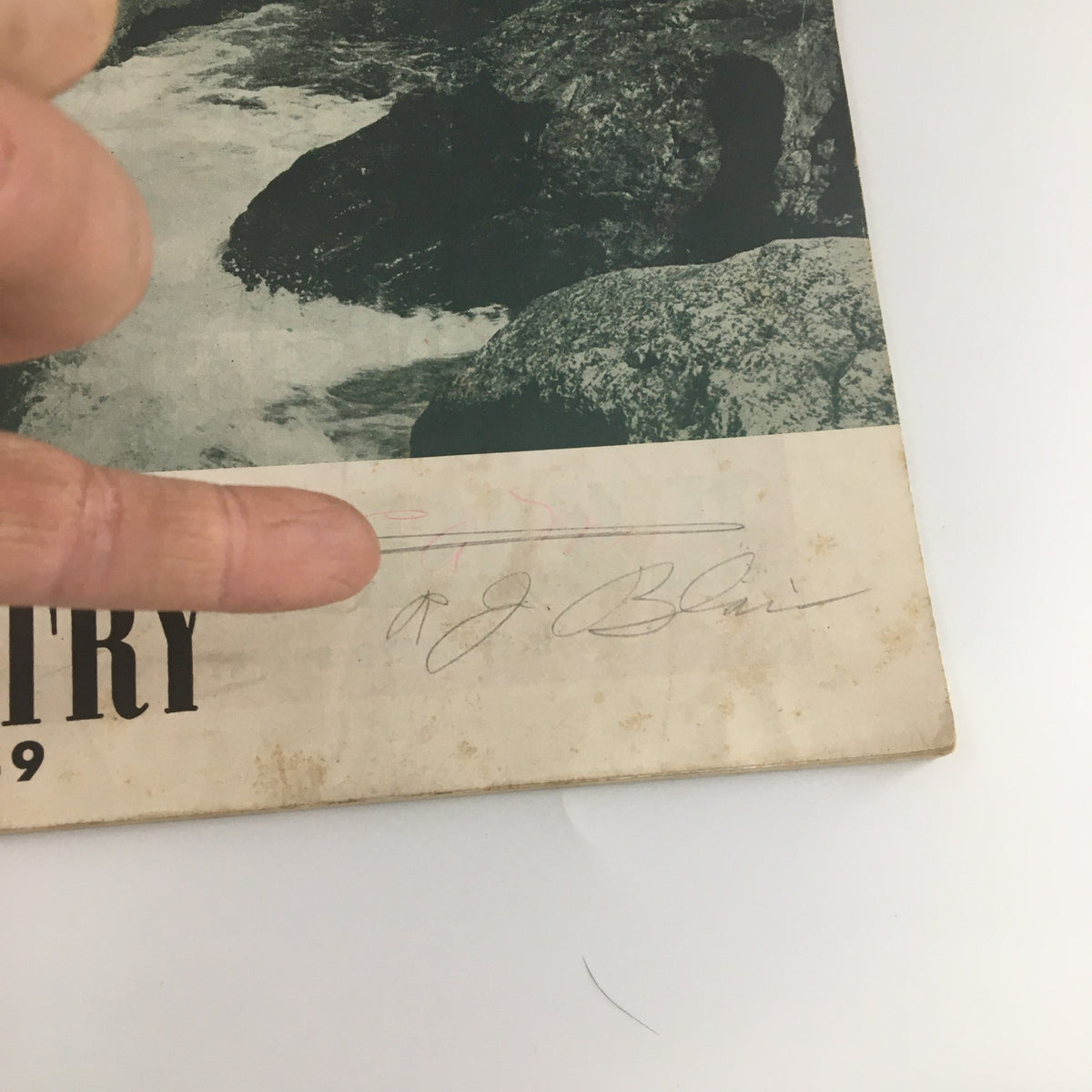 Close-up of the VTG Connecticut Industry Magazine June 1949 cover with visible handwritten signature and details, emphasizing its vintage character and authenticity.