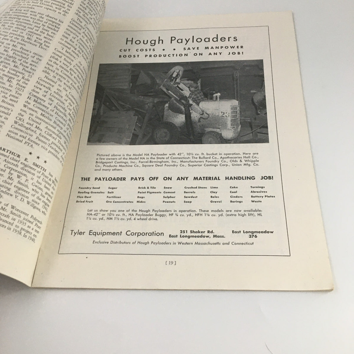 Inside page of VTG Connecticut Industry Magazine June 1949 featuring Hough Payloaders advertisement with detailed text about operational advantages.
