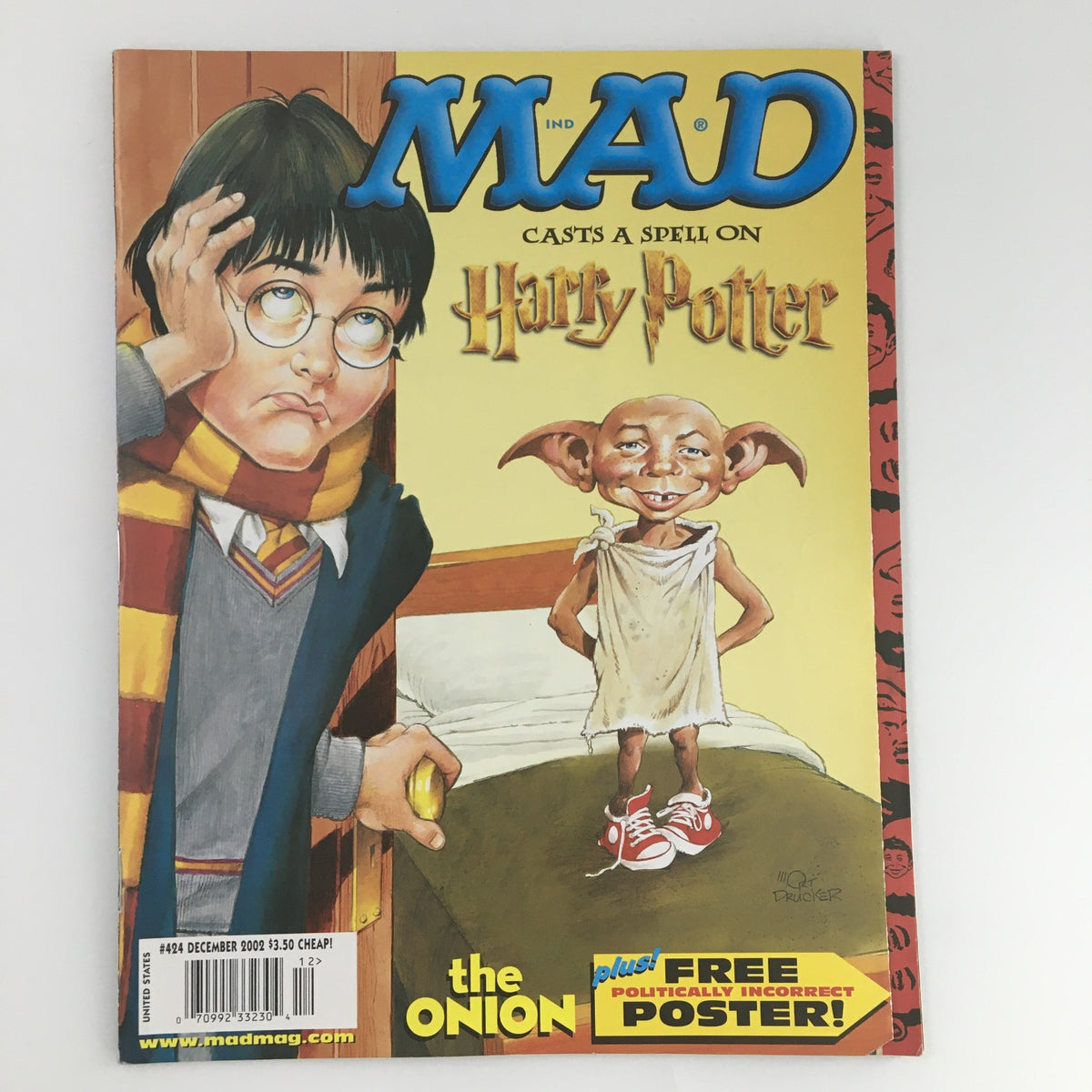 Cover of Mad Magazine December 2002 #424 featuring a Harry Potter parody illustration, showcasing a character resembling Harry Potter looking surprised, with a house-elf character in the foreground. This vibrant cover captures the whimsical spirit and humor of the era.