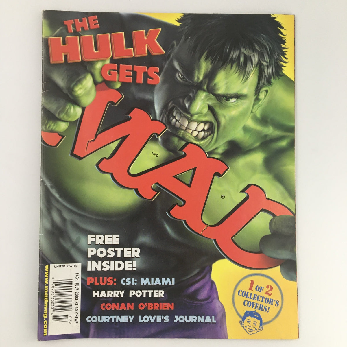 Mad Magazine July 2003 featuring Marvel's Hulk on the cover, highlighting the text 'The Hulk Gets MAD'. Includes references to features on Conan O'Brien, CSI: Miami, Harry Potter, and Courtney Love's Journal.
