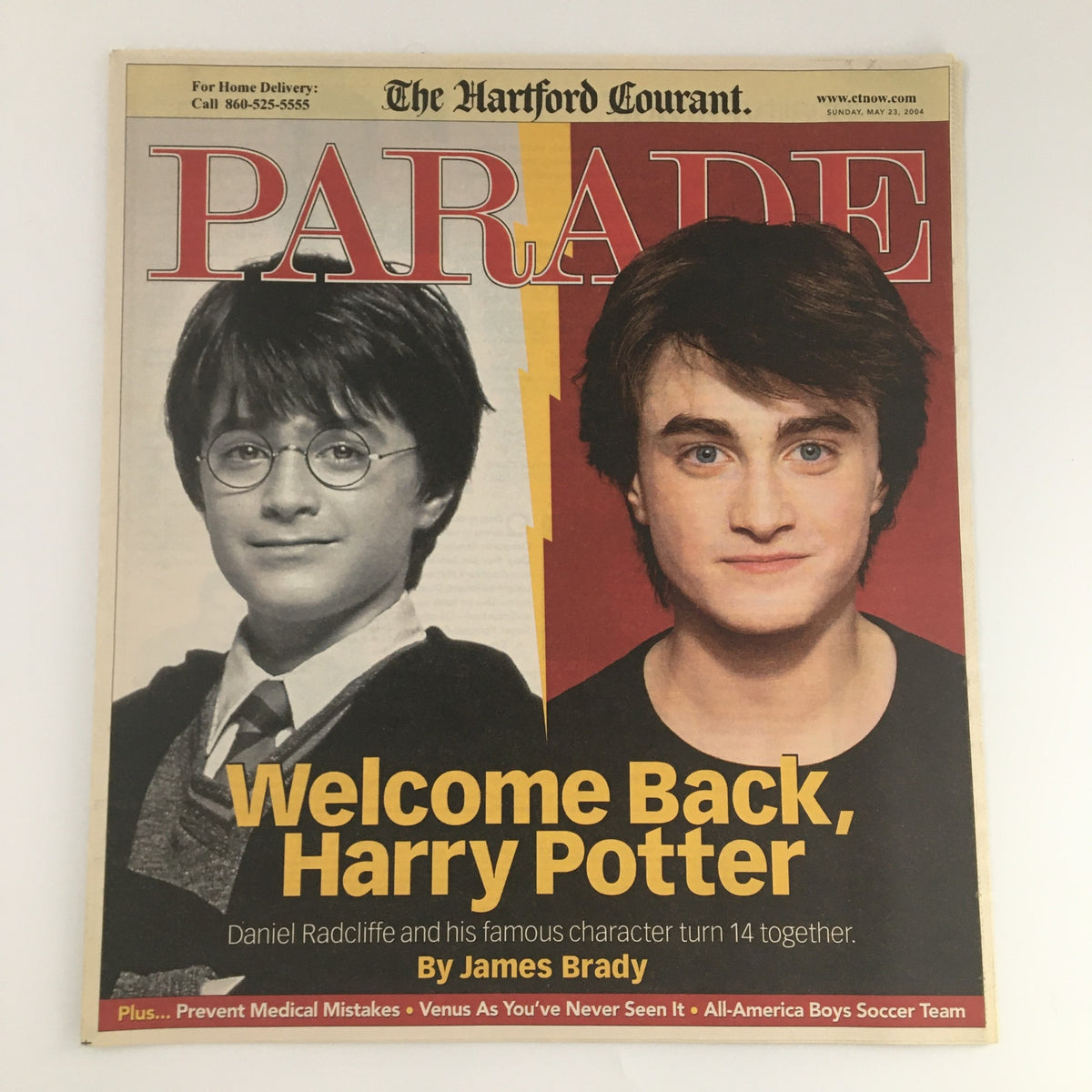 The Hartford Courant Parade Magazine May 23, 2004 featuring Daniel Radcliffe on the cover, celebrating Harry Potter's 14th birthday, nostalgic vintage magazine.