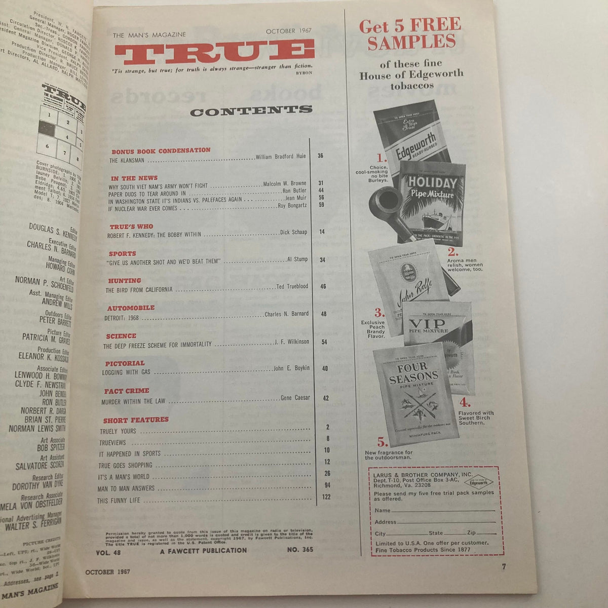 Interior page of TRUE The Man's Magazine October 1967 Vol 48 No. 365 displaying the table of contents and advertisements for tobacco products.