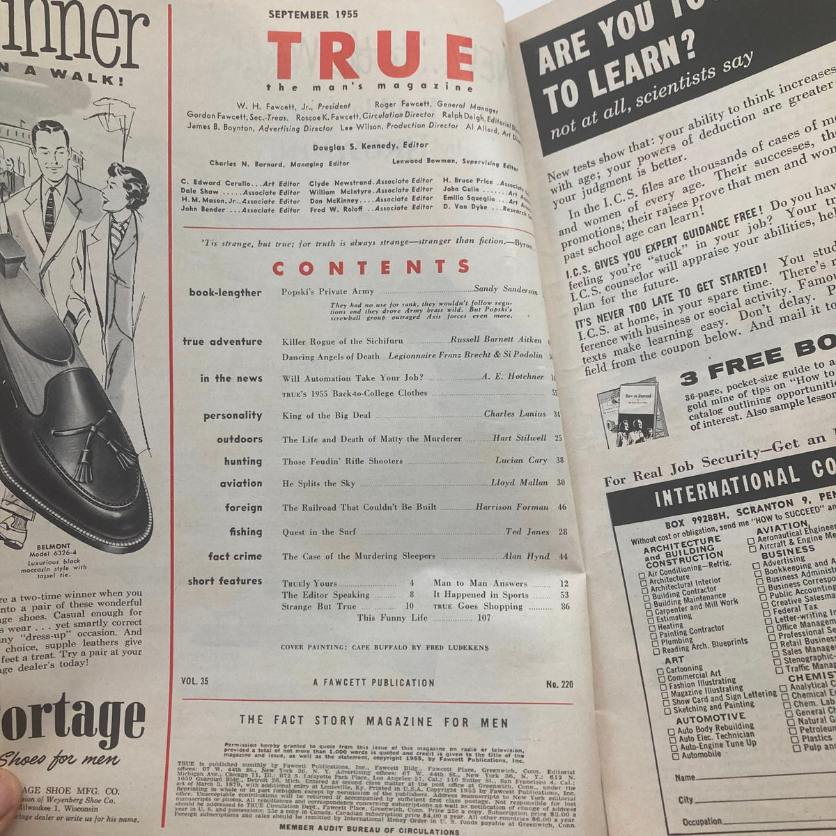 Inside page of TRUE The Man's Magazine, September 1955, Vol 35 No. 220 showcasing the table of contents with various articles and features, including 'Popski's Private Army' and 'King of the Big Deal'.