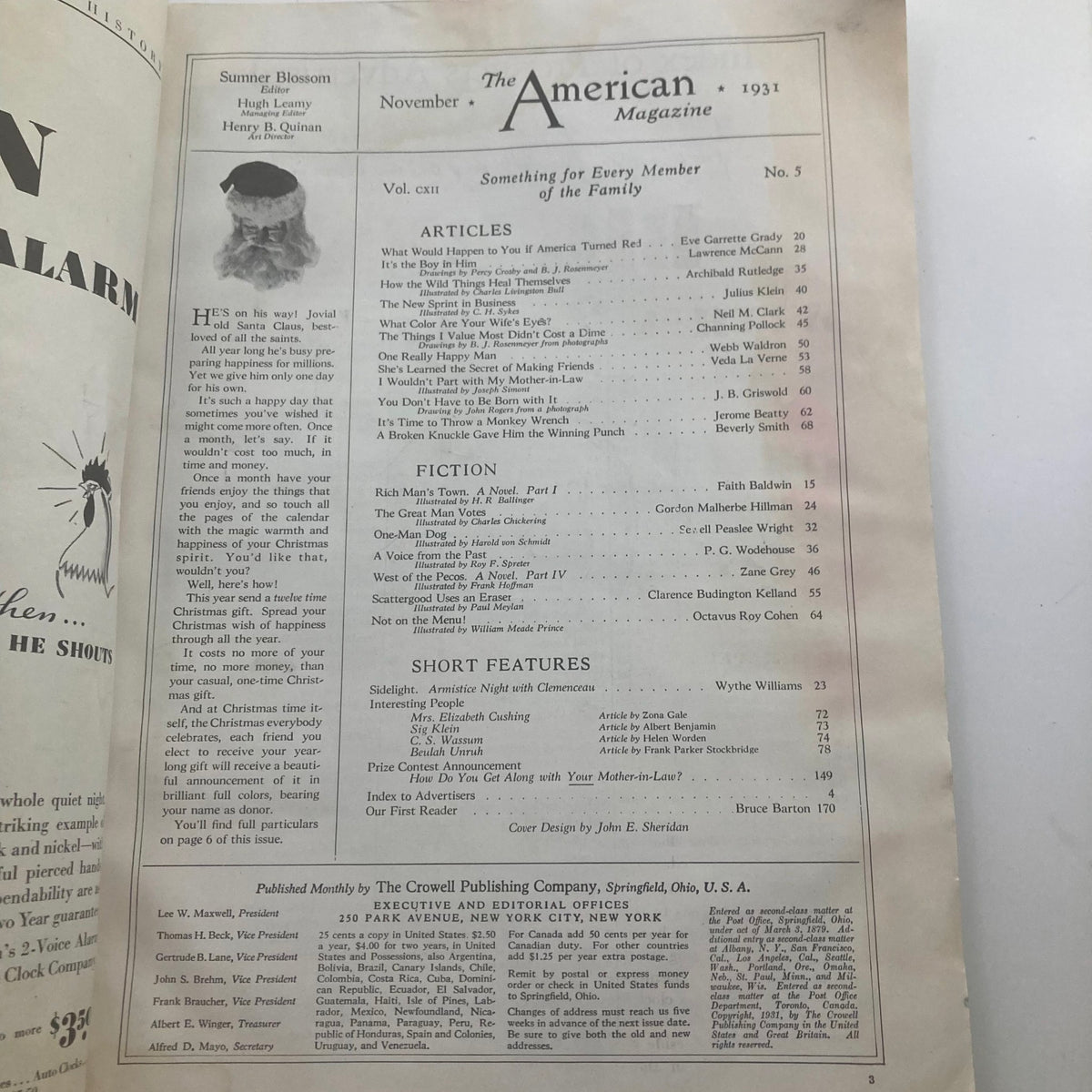 Table of contents page from VTG The American Magazine November 1931, Vol 112 No. 5, listing articles and features.