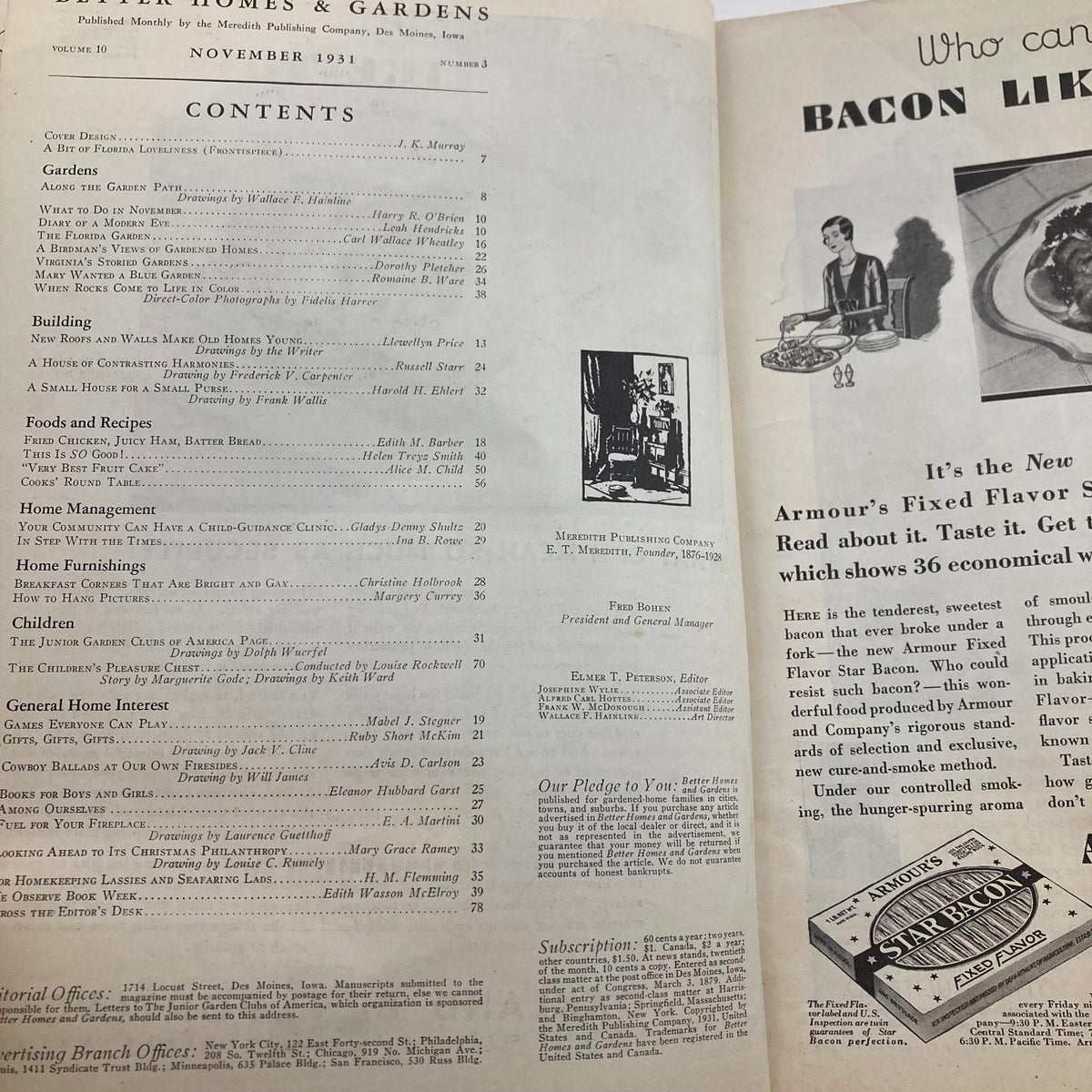 Contents page of VTG Better Homes & Gardens Magazine November 1931, showcasing articles on gardening, home management, and recipes.