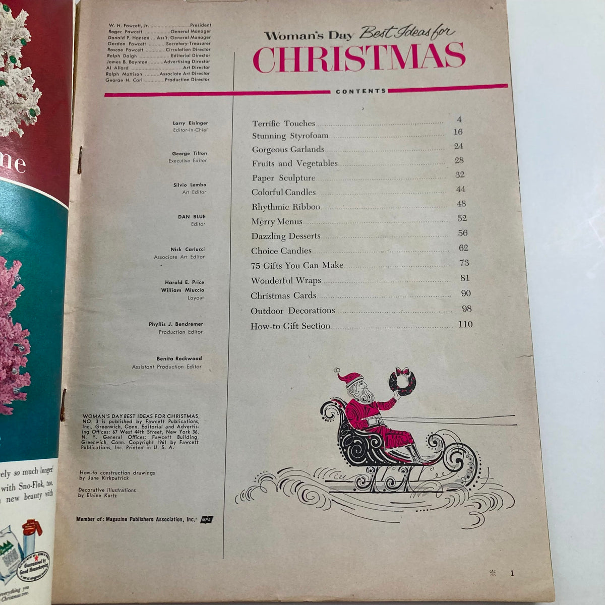 Interior page of Vintage Woman's Day Magazine December 1961 detailing the table of contents for 'Best Ideas for Christmas', listing various holiday topics like decorations, desserts, and gifts.