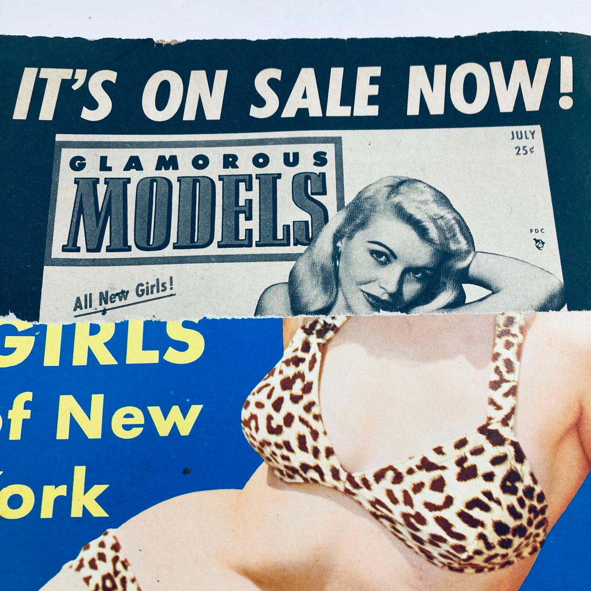 Close-up view of the VTG Cover Girls Models Magazine August 1954 showcasing the magazine title 'Glamorous Models' along with a model in a leopard print bikini, highlighting vintage fashion.